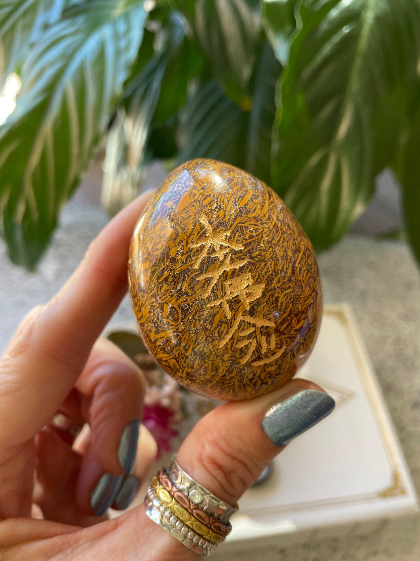 Calligraphy Jasper Reiki Egg with holder
