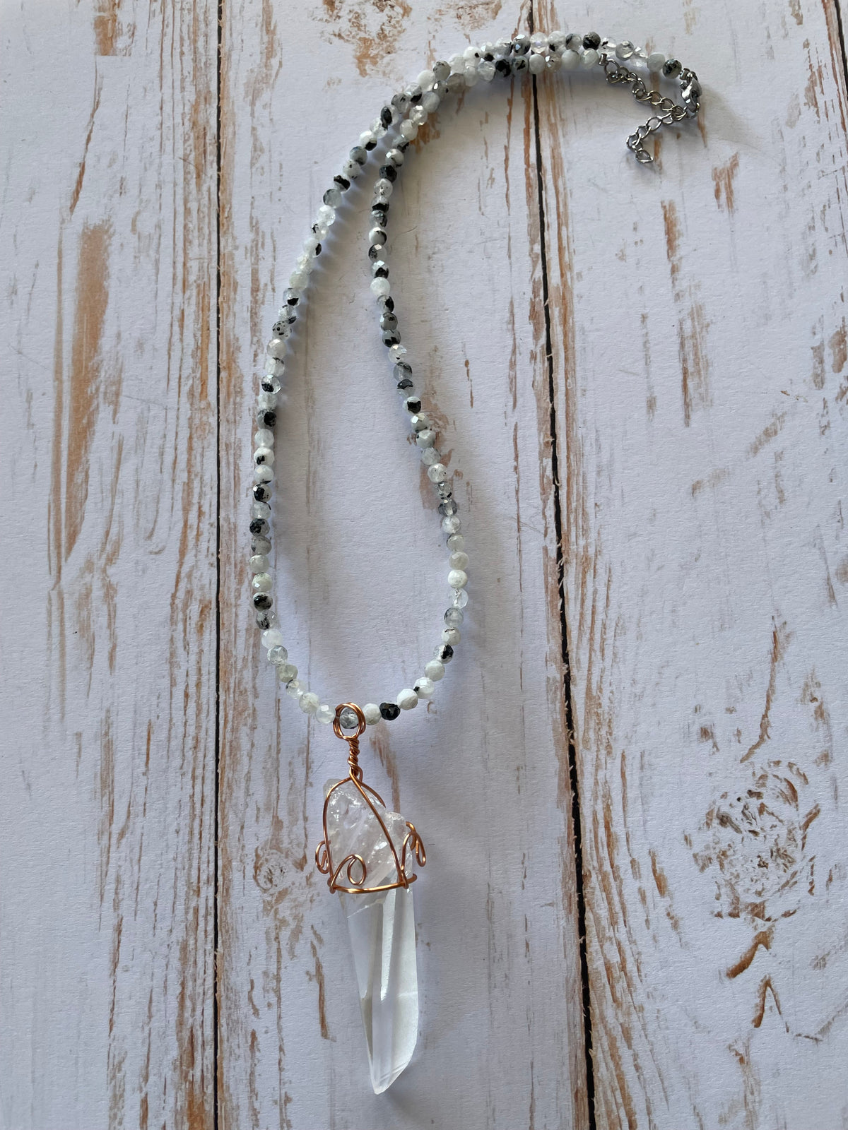 Lemurian Point & Moonstone Wrapped Necklace