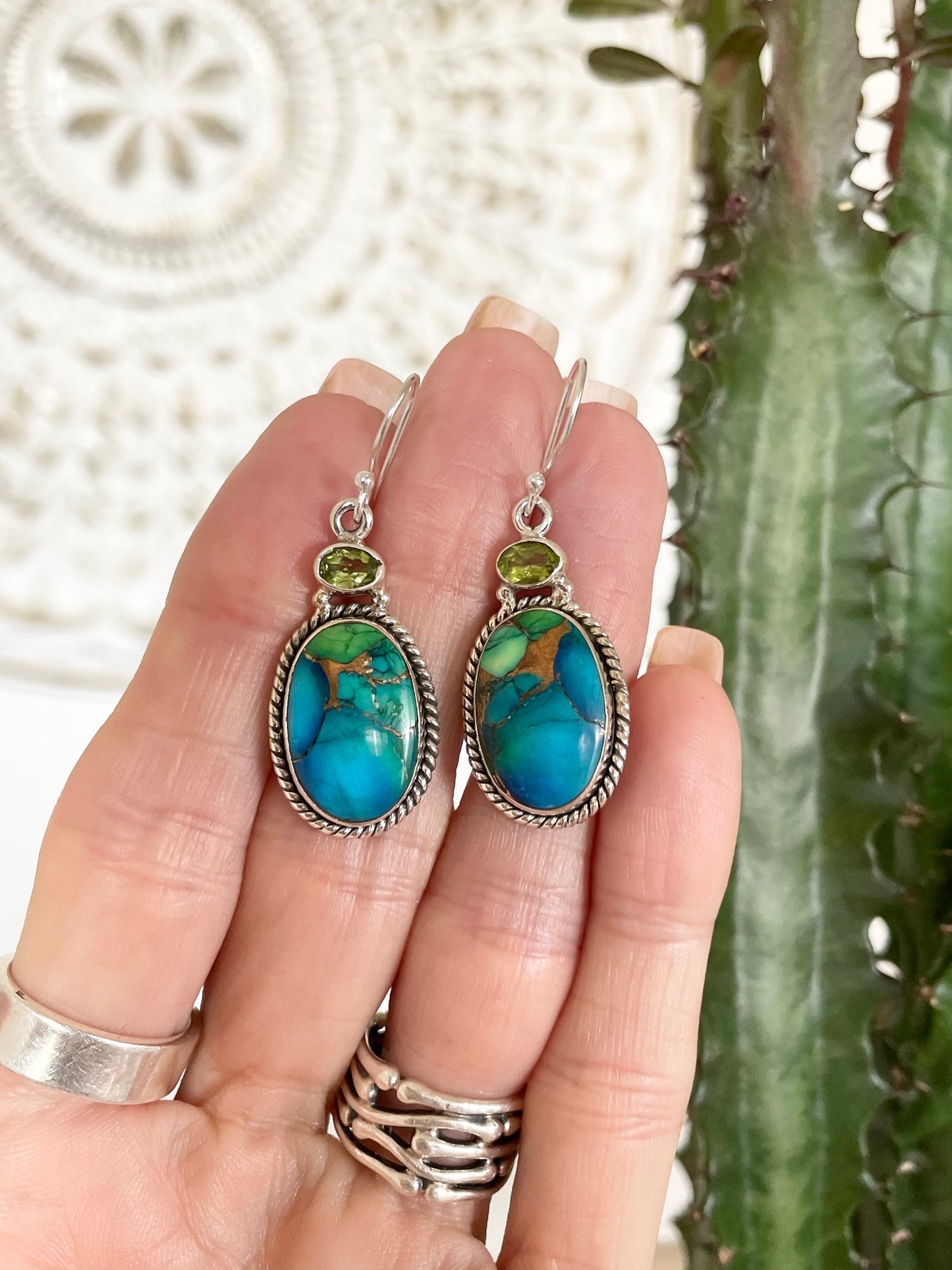 Peacock Dahlia Turquoise & Peridot Dangles