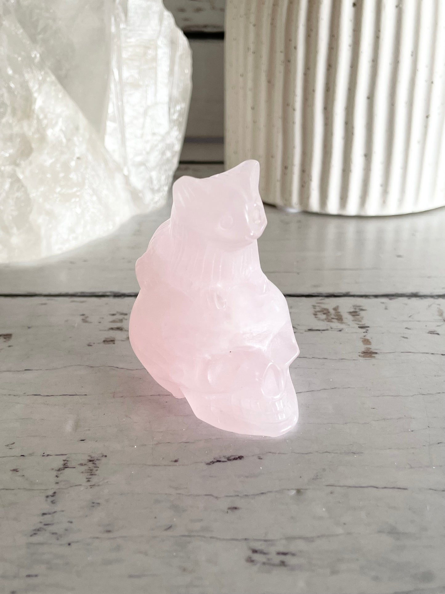 Rose Quartz Cat on Skull