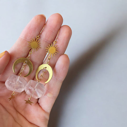 Crescent Moon Rose Quartz Dangles