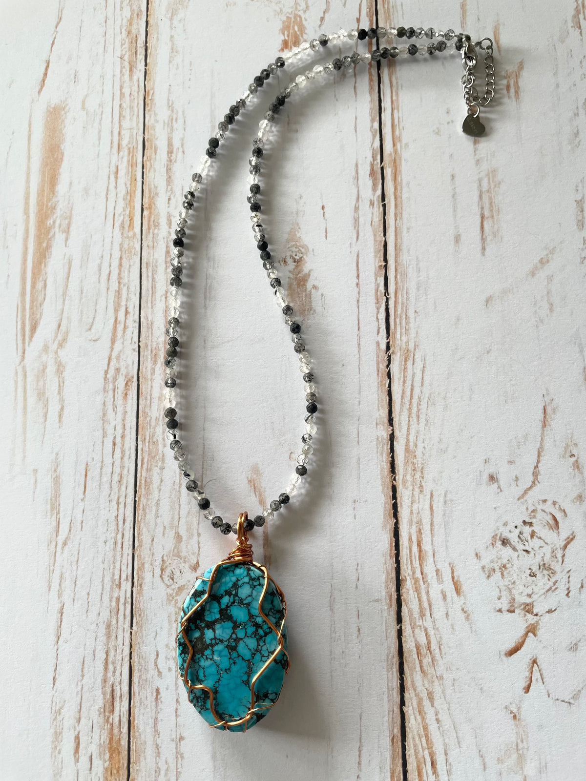 Blue Howlite & Tourmaline in Quartz Copper Wrapped Necklace