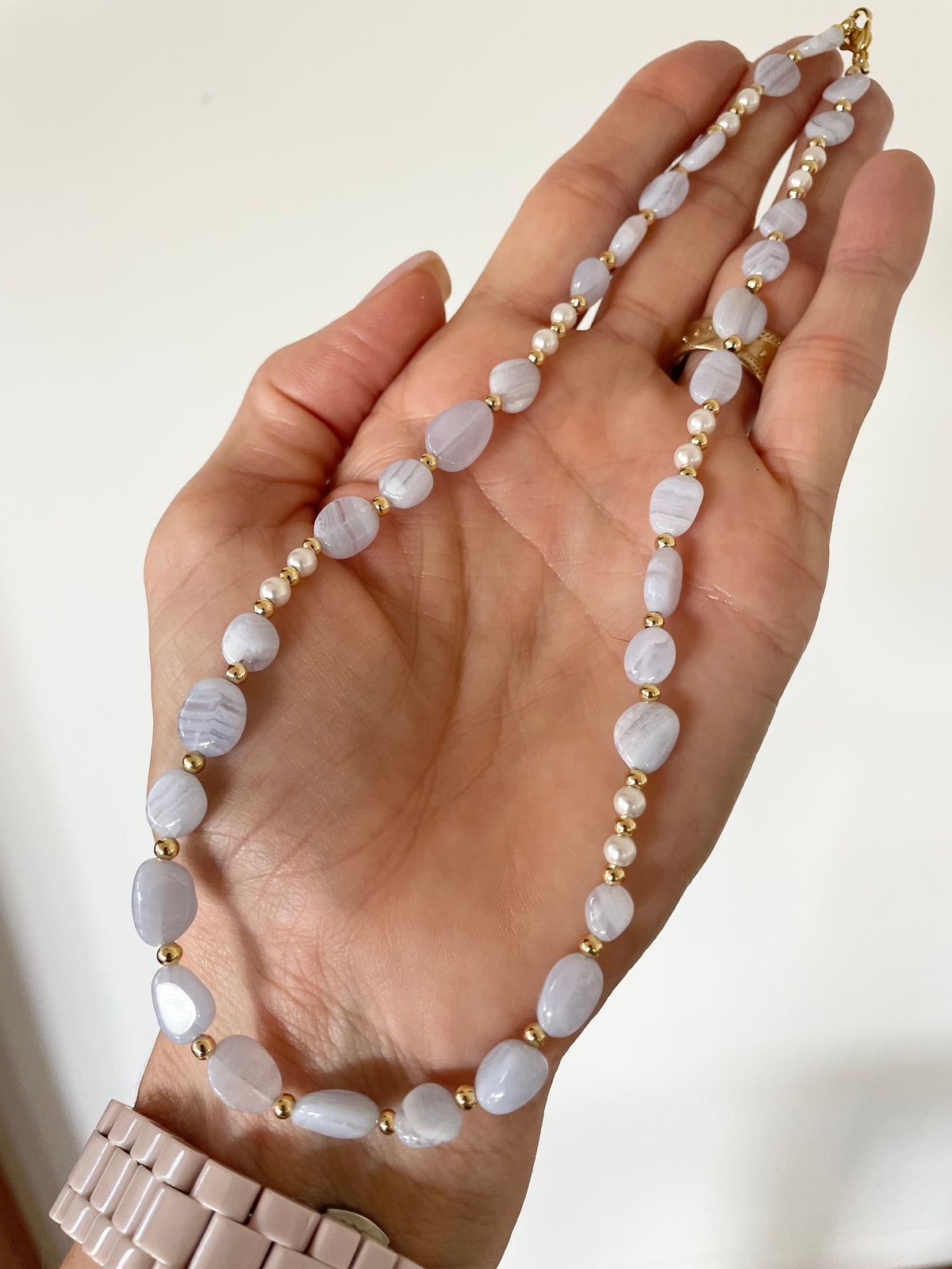 Made by Wayne ~ Blue Lace Agate & Pearl beaded necklace