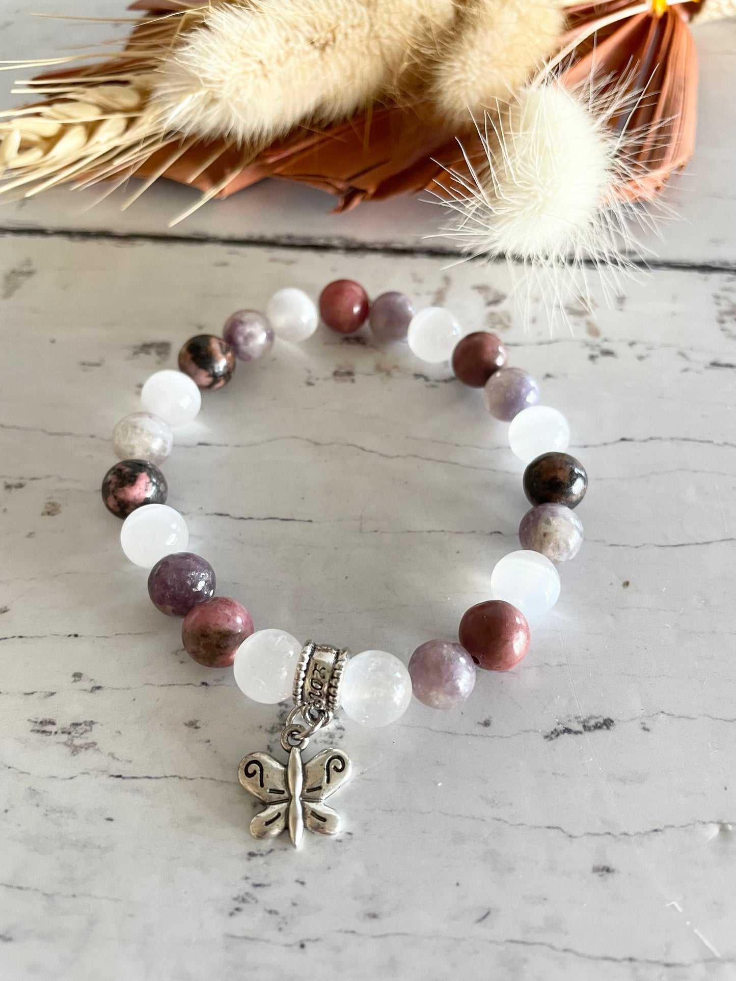Rhodonite/Selenite/Lepidolite Healing Bracelet