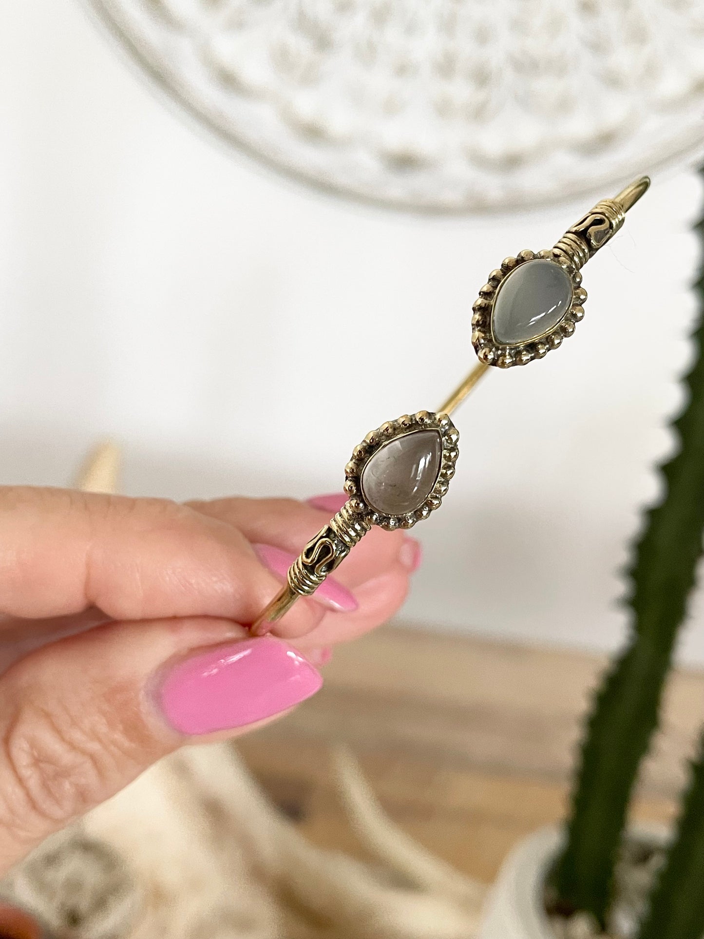 Rose Quartz / Chalcedony Brass Cuff ~ adjustable