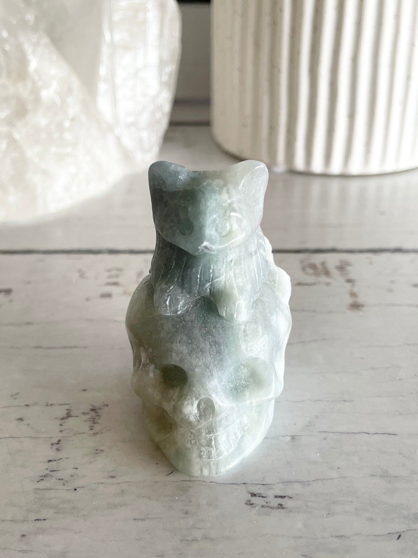 Blue Calcite Cat on Skull