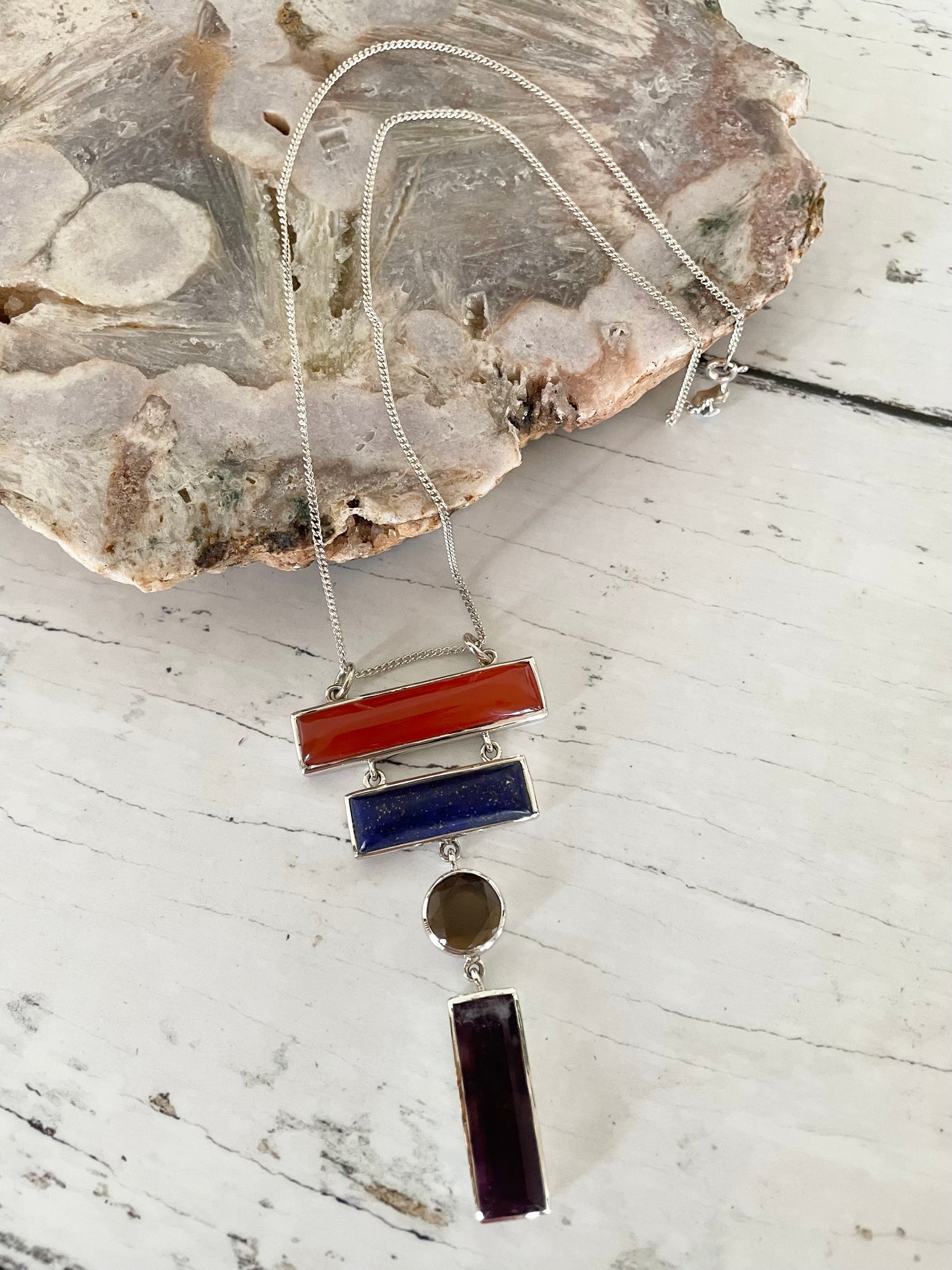 Carnelian. Lapis. Smoky Qtz. Amethyst Necklace