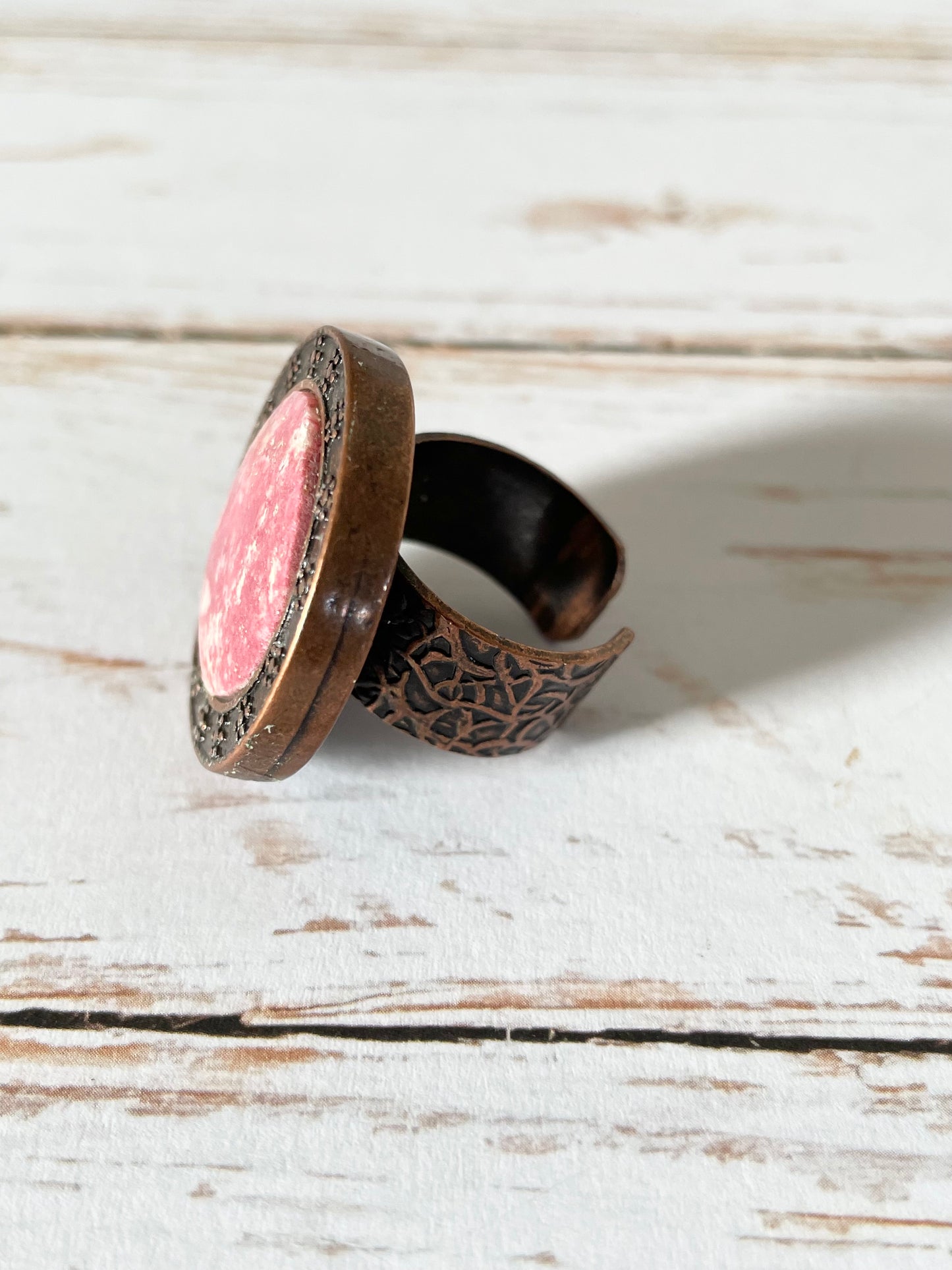 Copper Antiqued Ring ~ Thulite adjustable ring 6-10
