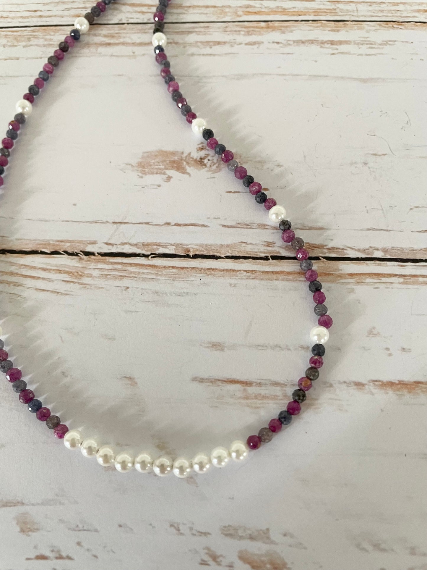 Red Corundum Sapphire & Pearl Faceted Necklace - Made by Wayne