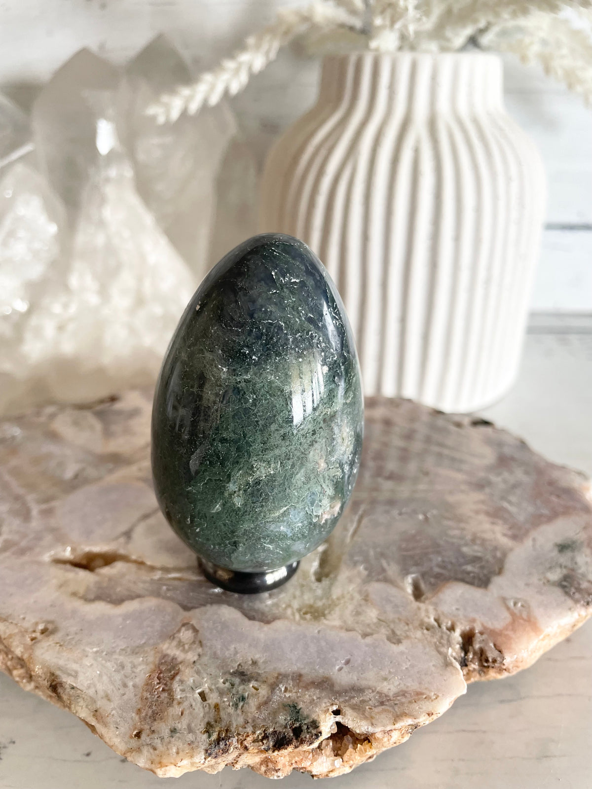 Moss Agate Egg includes holder