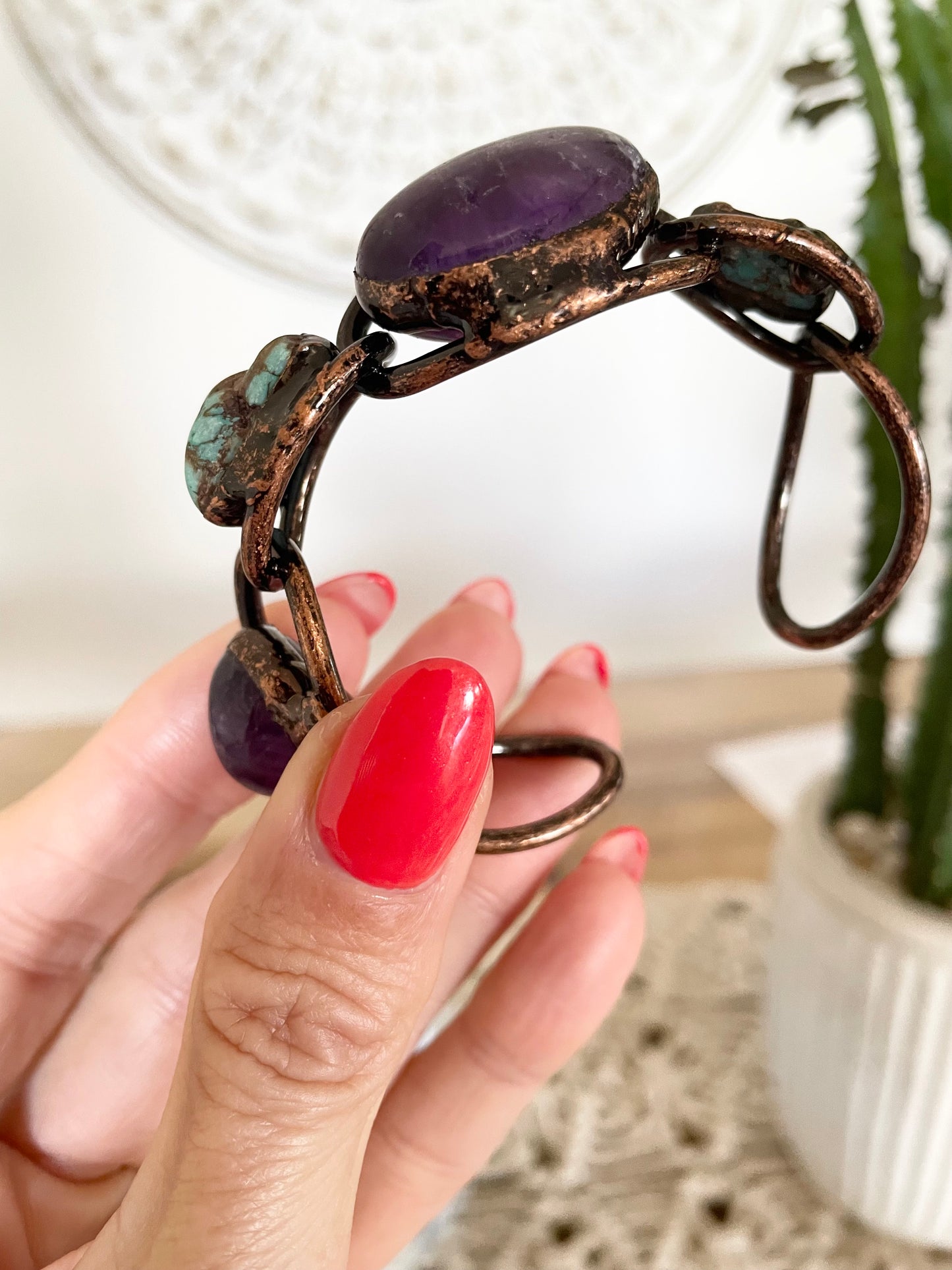 Brass Copper Cuff ~Amethyst, Turquoise