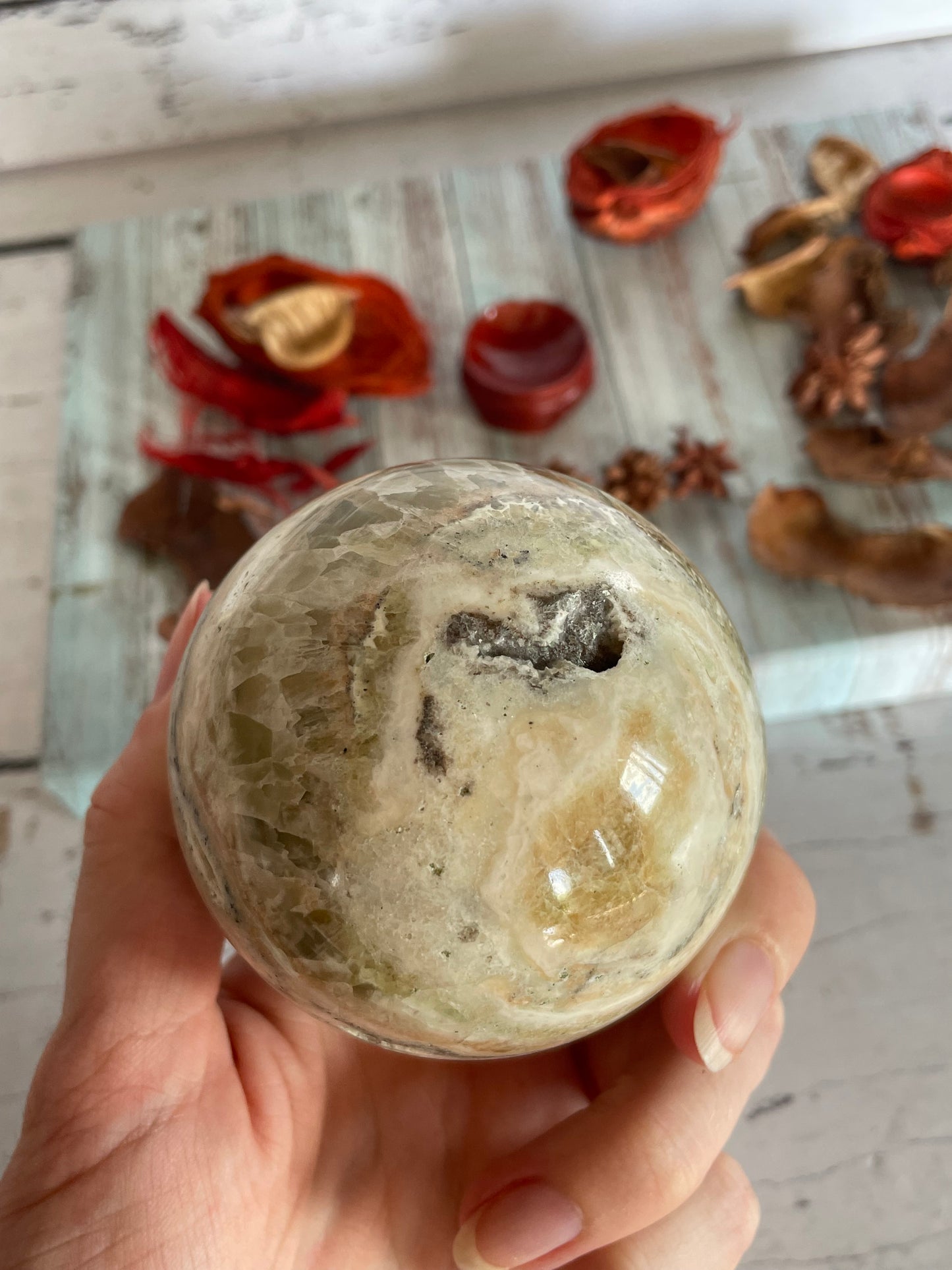 Green/Golden Calcite Sphere Includes Holder