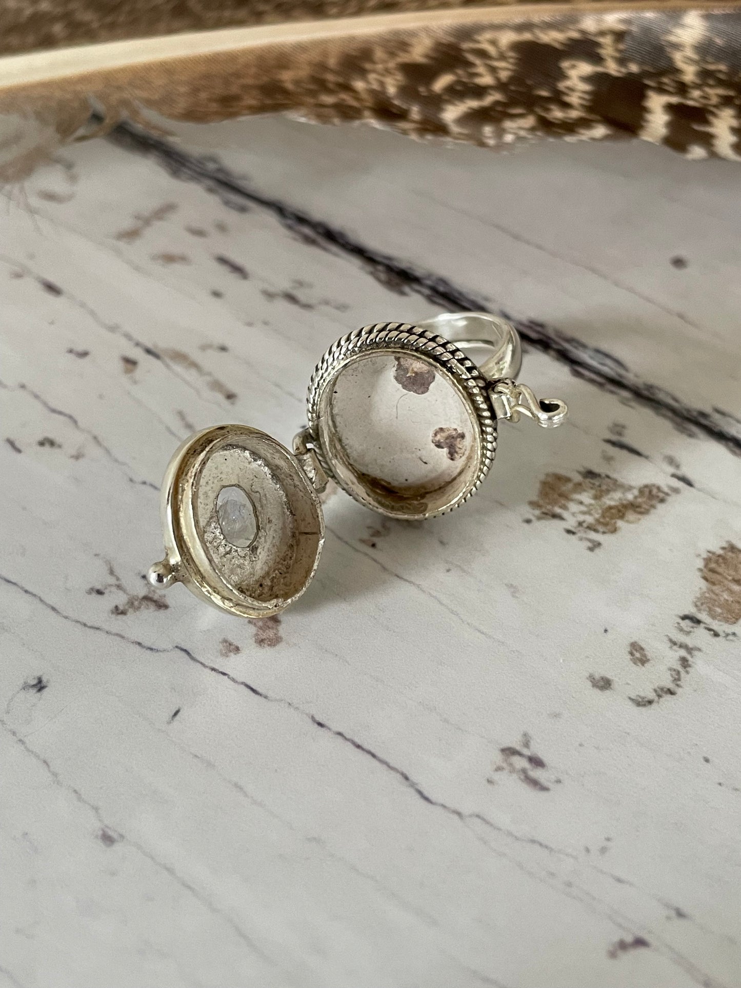 Rainbow Moonstone Poison Locket Ring ~ size 7.5