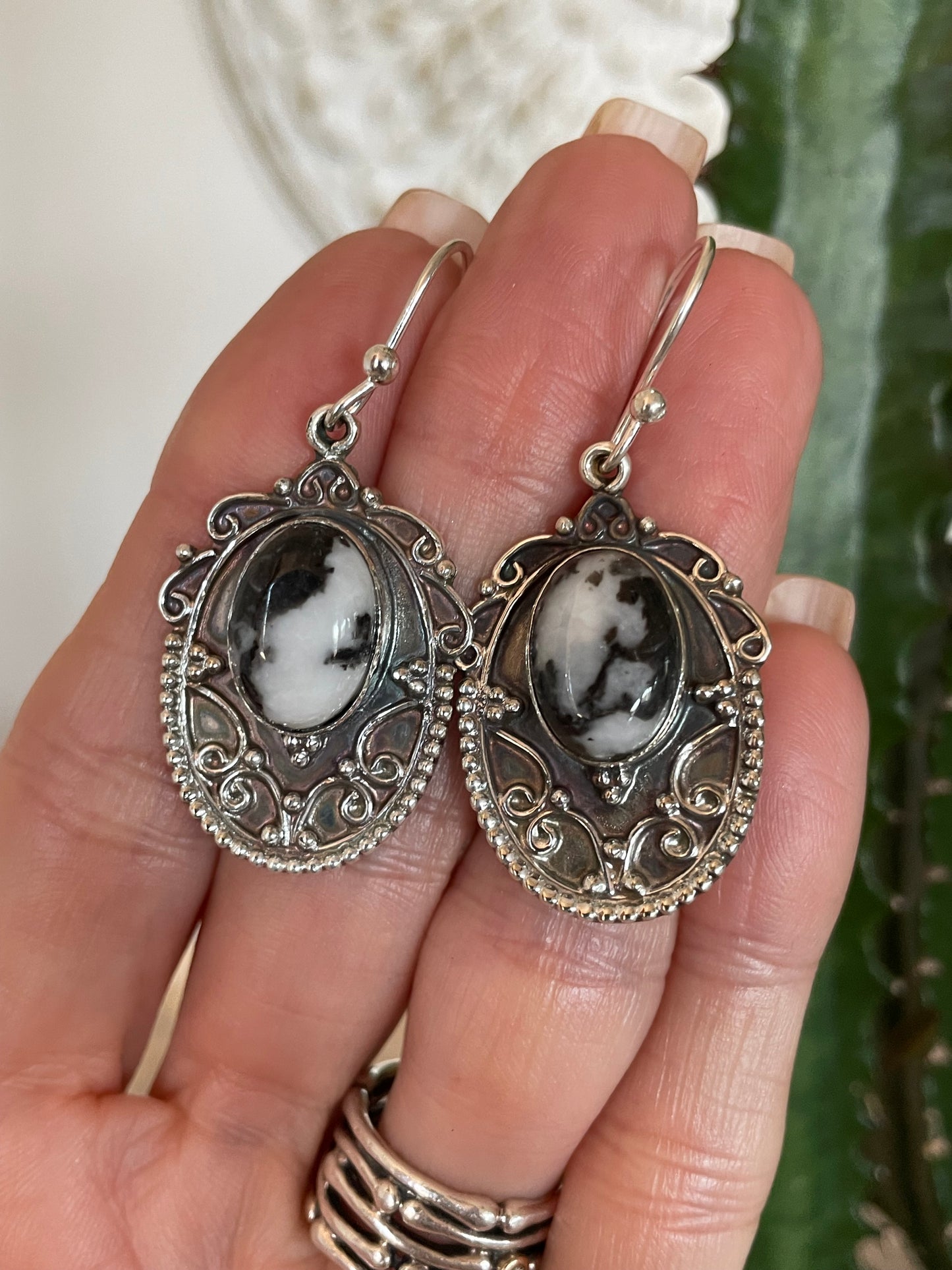 White Buffalo Turquoise Patina Silver Dangles