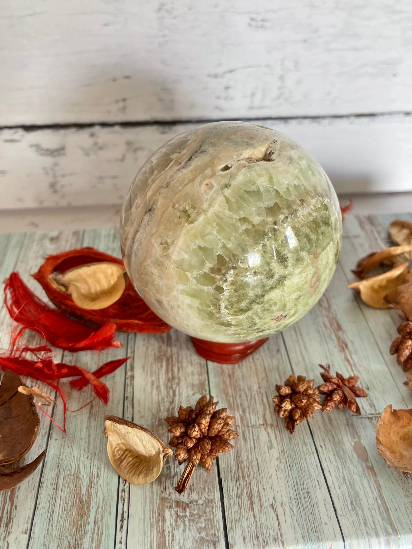 Green/Golden Calcite Sphere Includes Holder