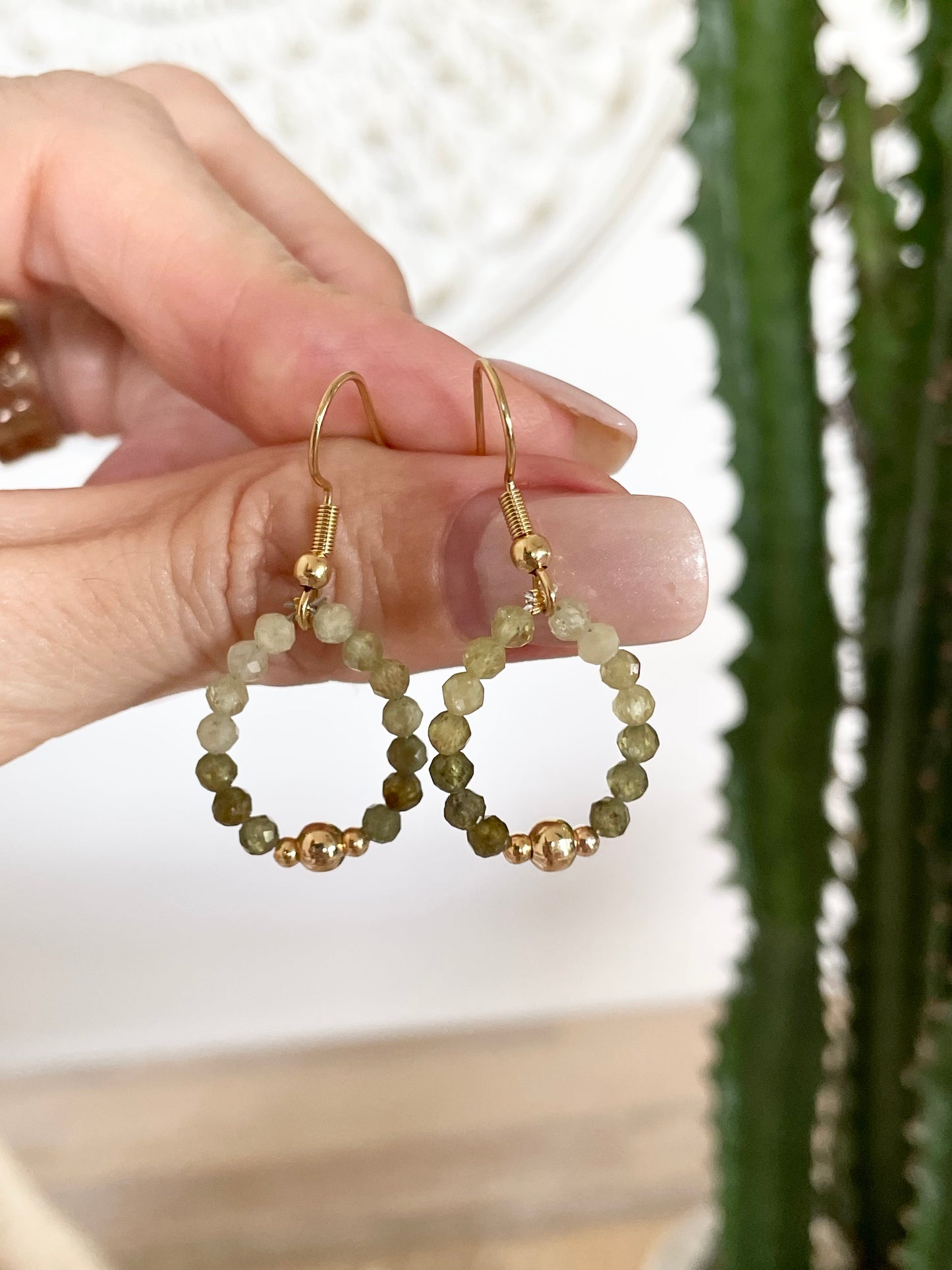 18K Gold Electroplated Hoops Green Garnet - Made by Wayne