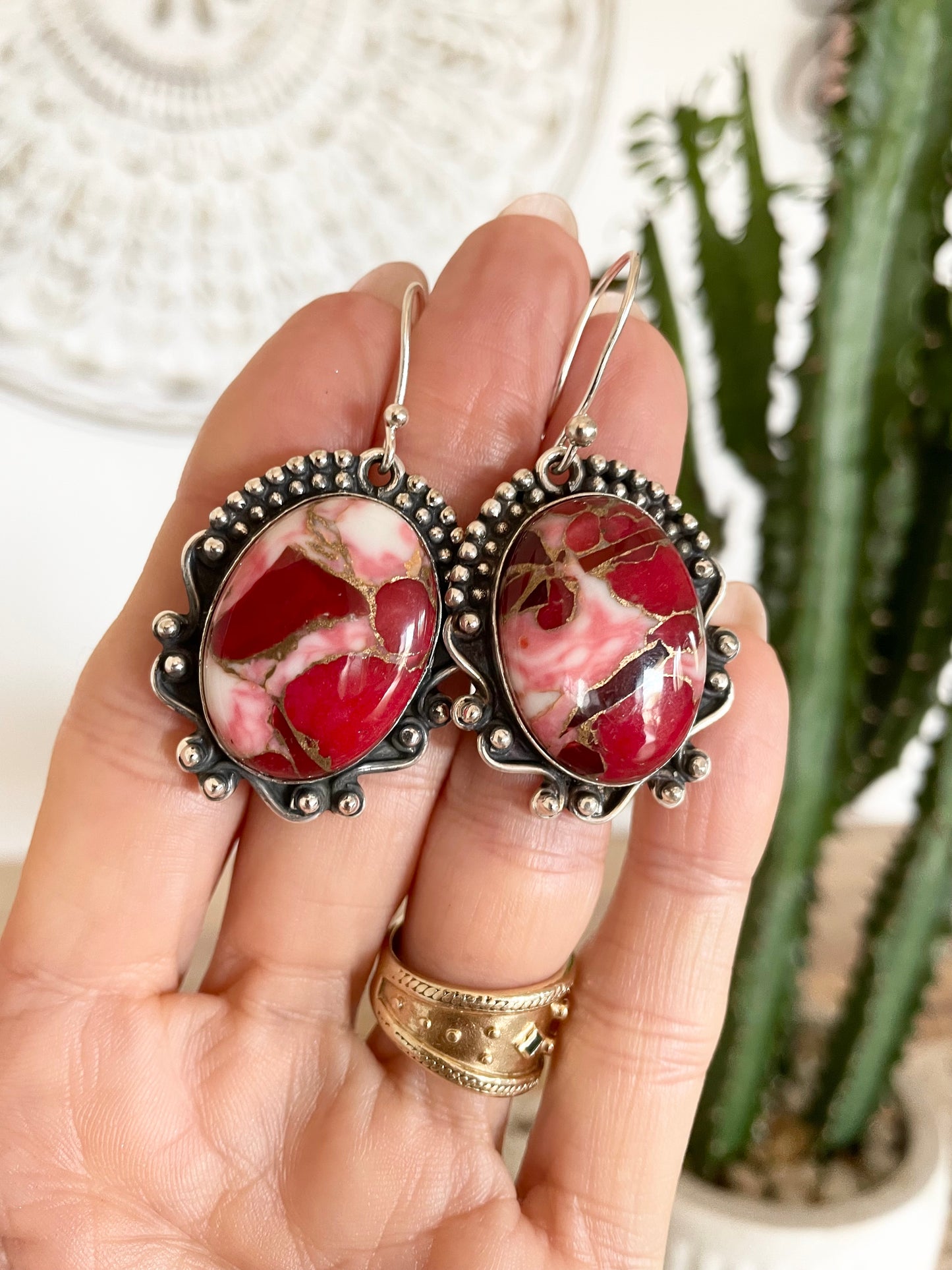 Red Dahlia Copper Turquoise Dangles