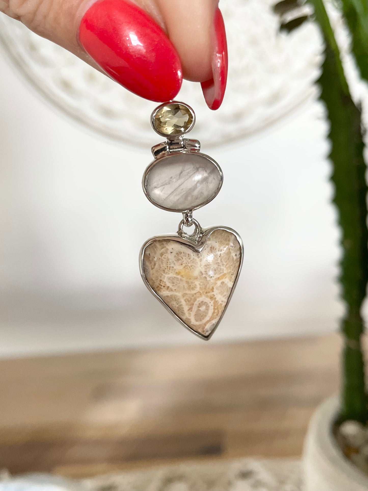 Citrine, Rose Quartz & Fossil Coral Pendant