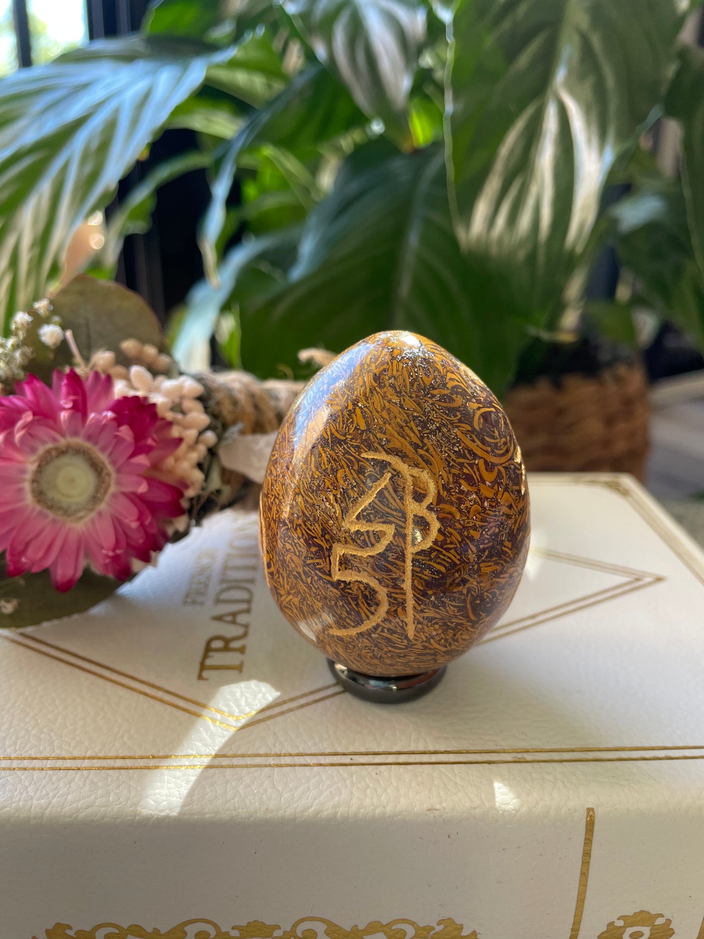 Calligraphy Jasper Reiki Egg with holder