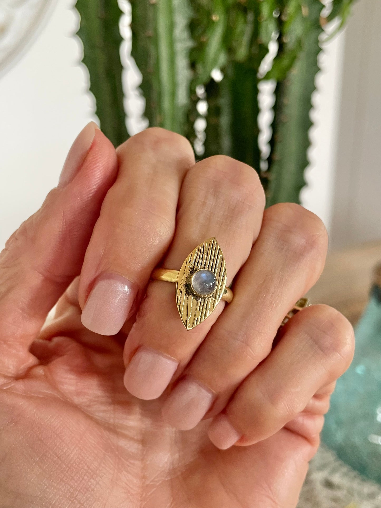 Rainbow Moonstone Brass Ring - Size 6