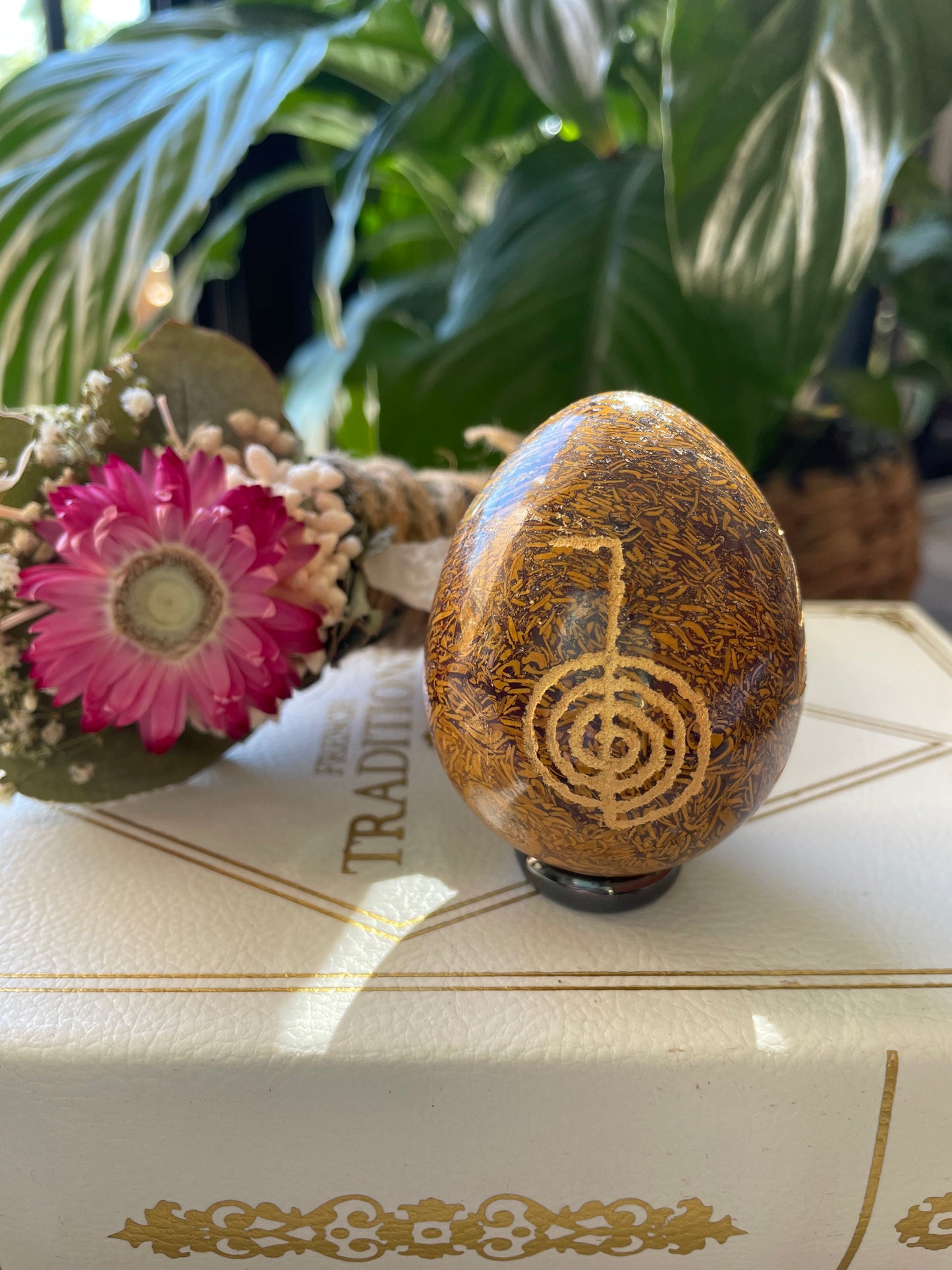 Calligraphy Jasper Reiki Egg with holder
