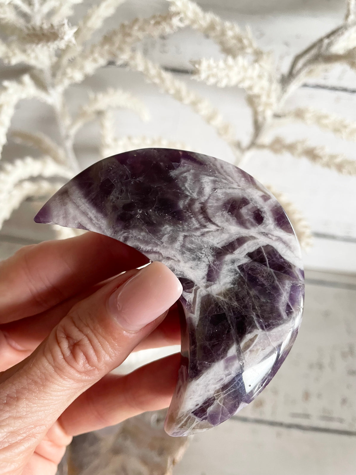 Chevron Amethyst Crescent Moon includes stand