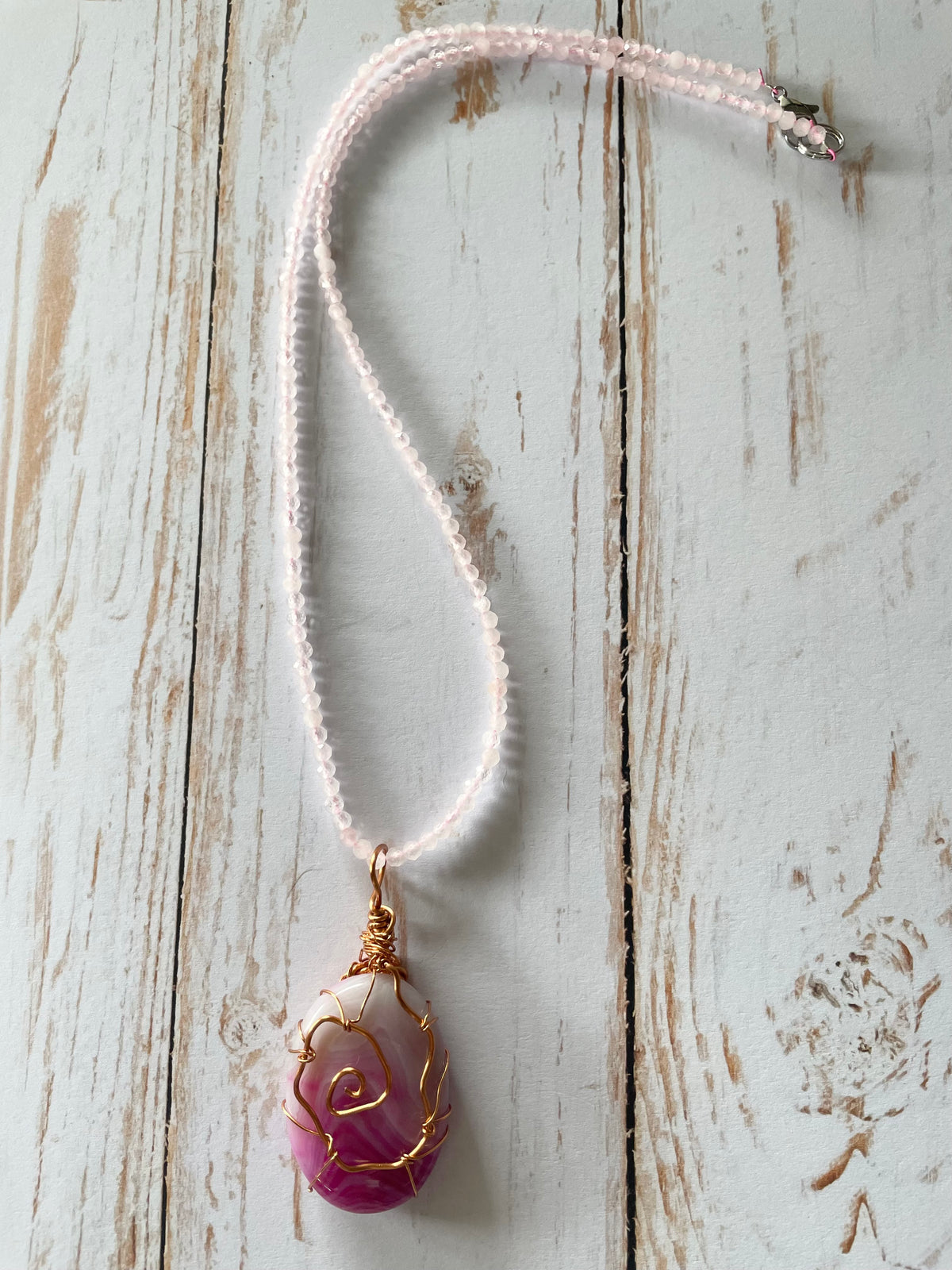 Pink Agate & Rose Quartz Copper Wrapped Necklace