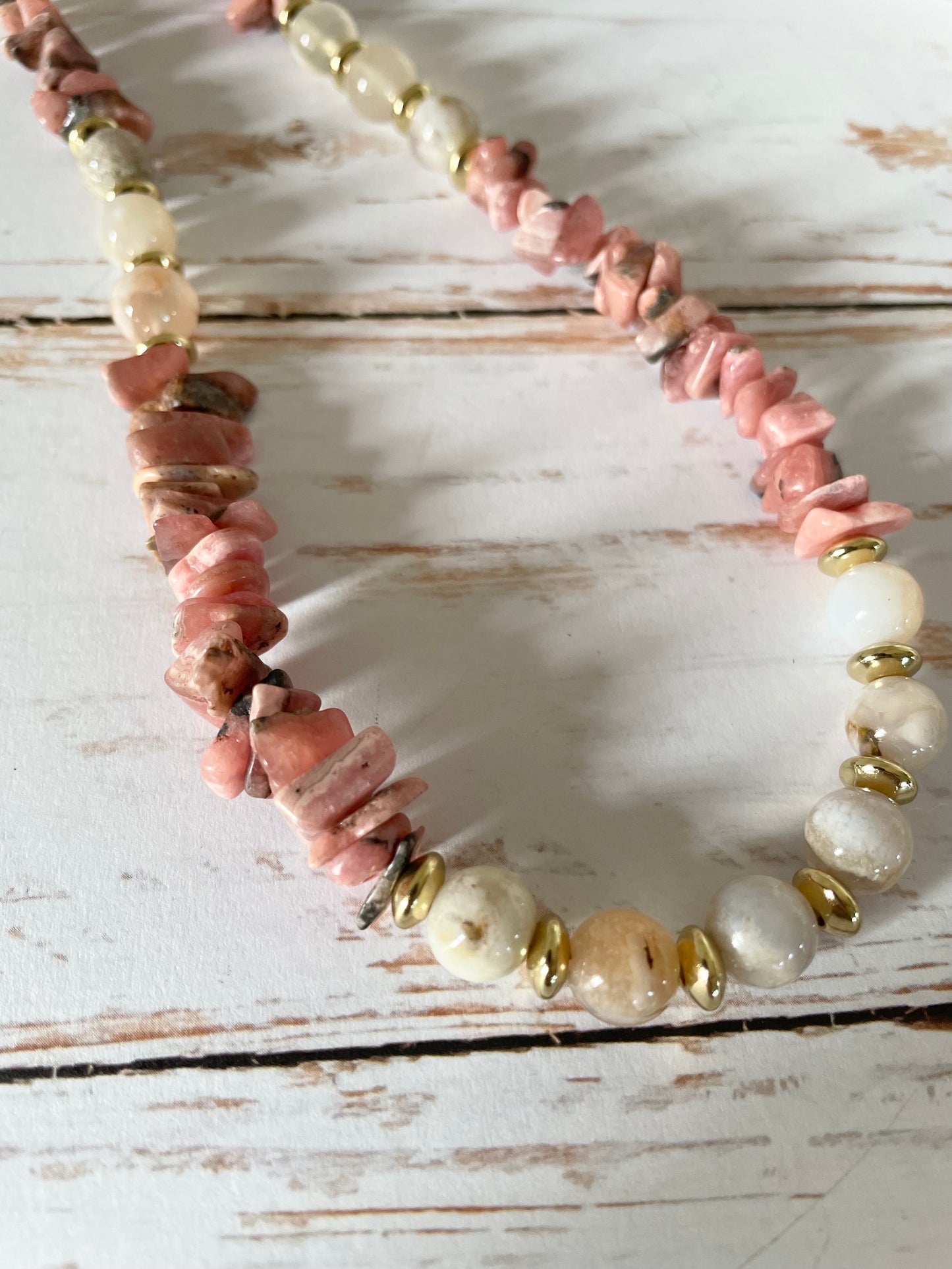 Rhodochrosite & Flower Agate Gold Plated Necklace - Made by Wayne