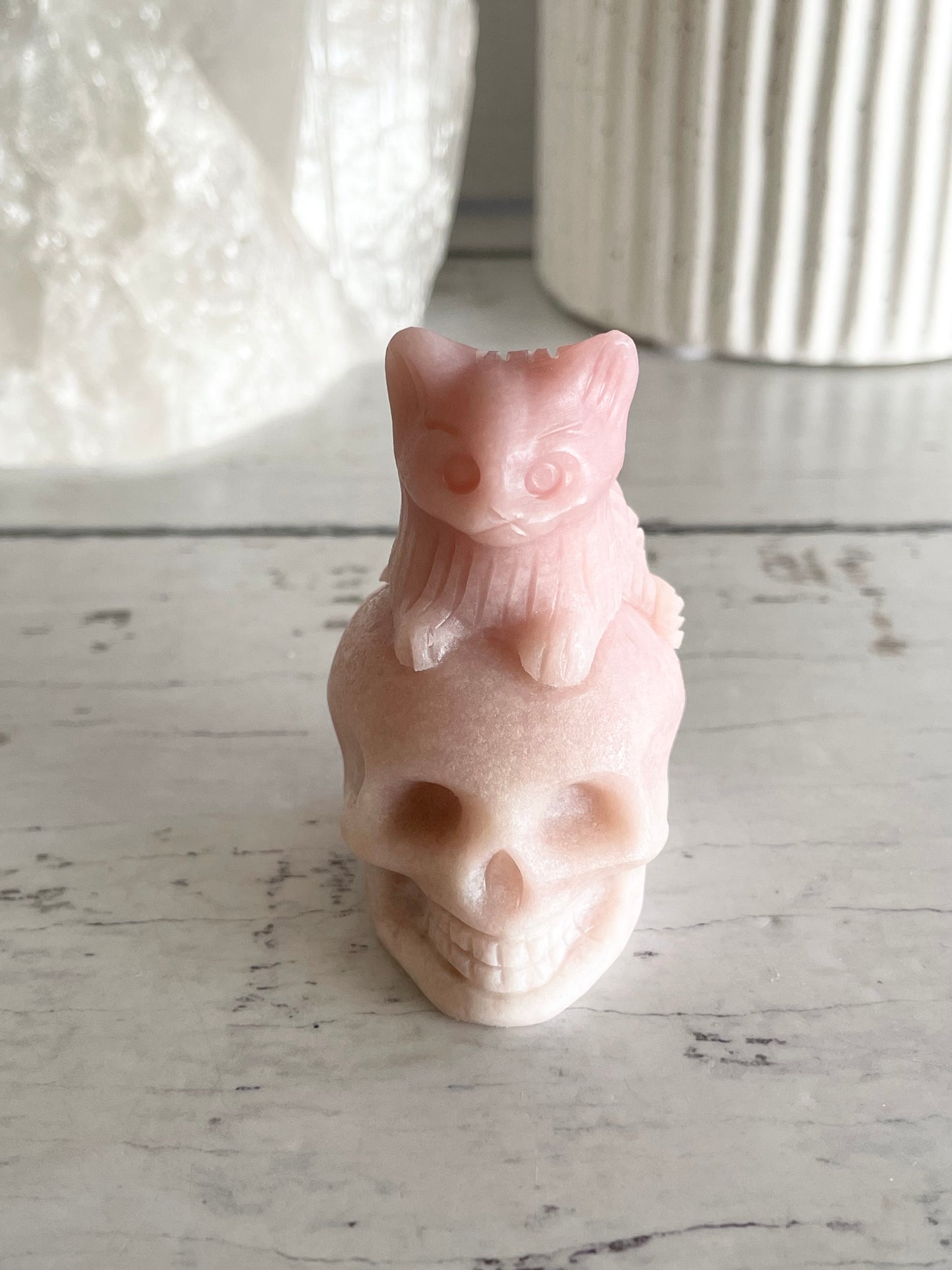 Pink Opal Cat on Skull