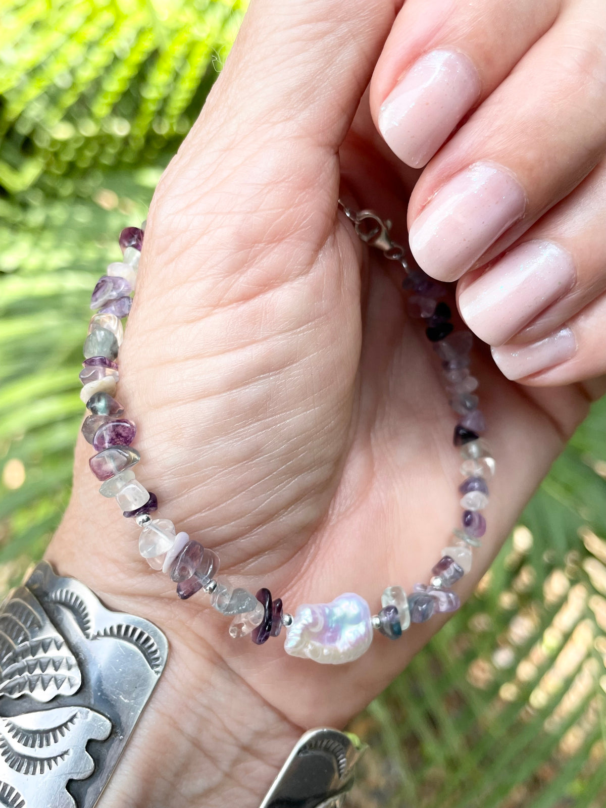 Sterling Silver Rainbow Fluorite & Pearl Bracelet