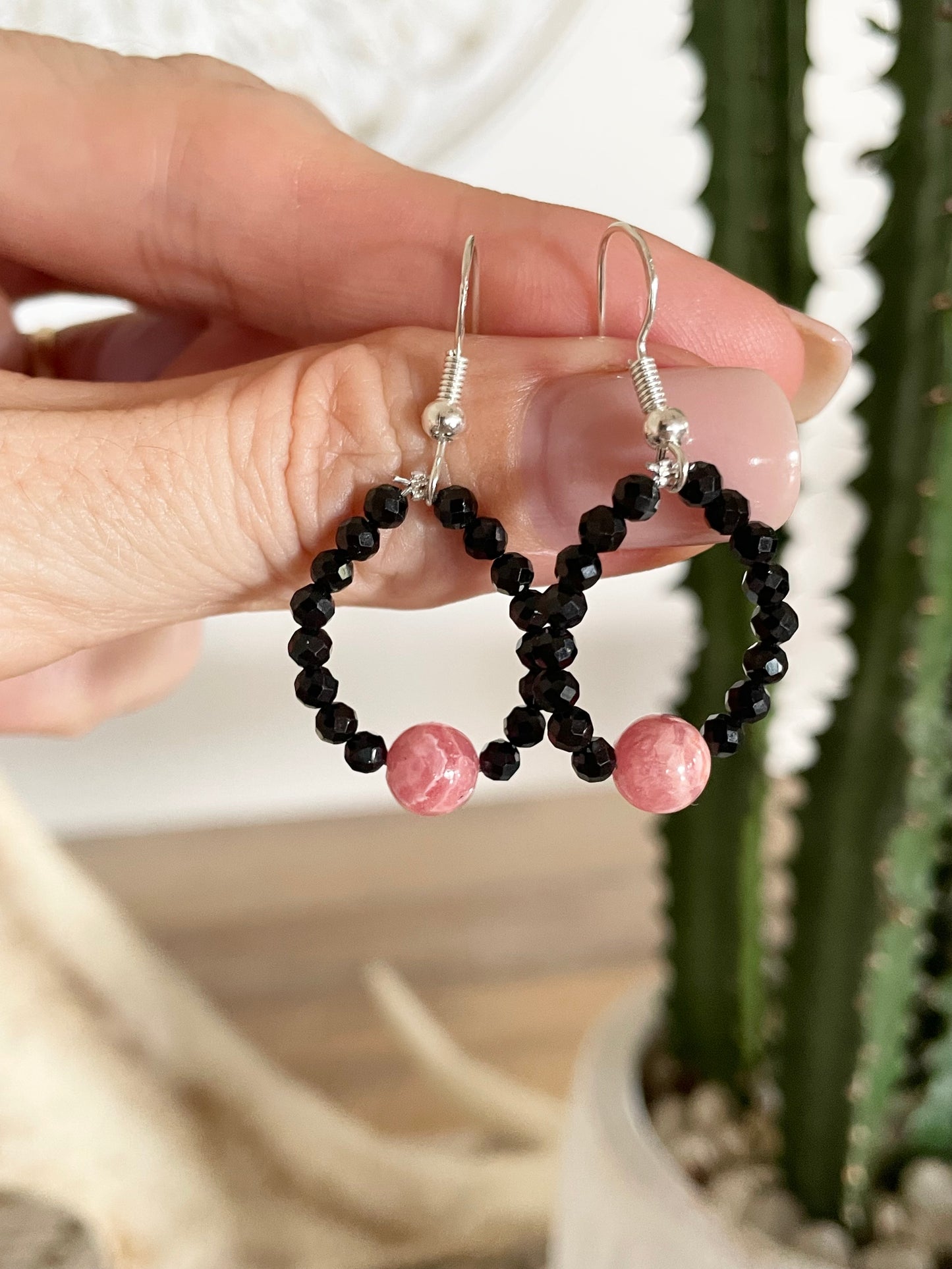 Faceted Rhodonite , Black Spinel Earrings - handmade by Wayne