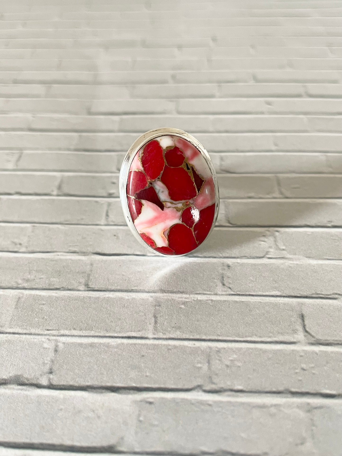 Red Dahlia Copper Turquoise Ring ~ size 6.5- 10
