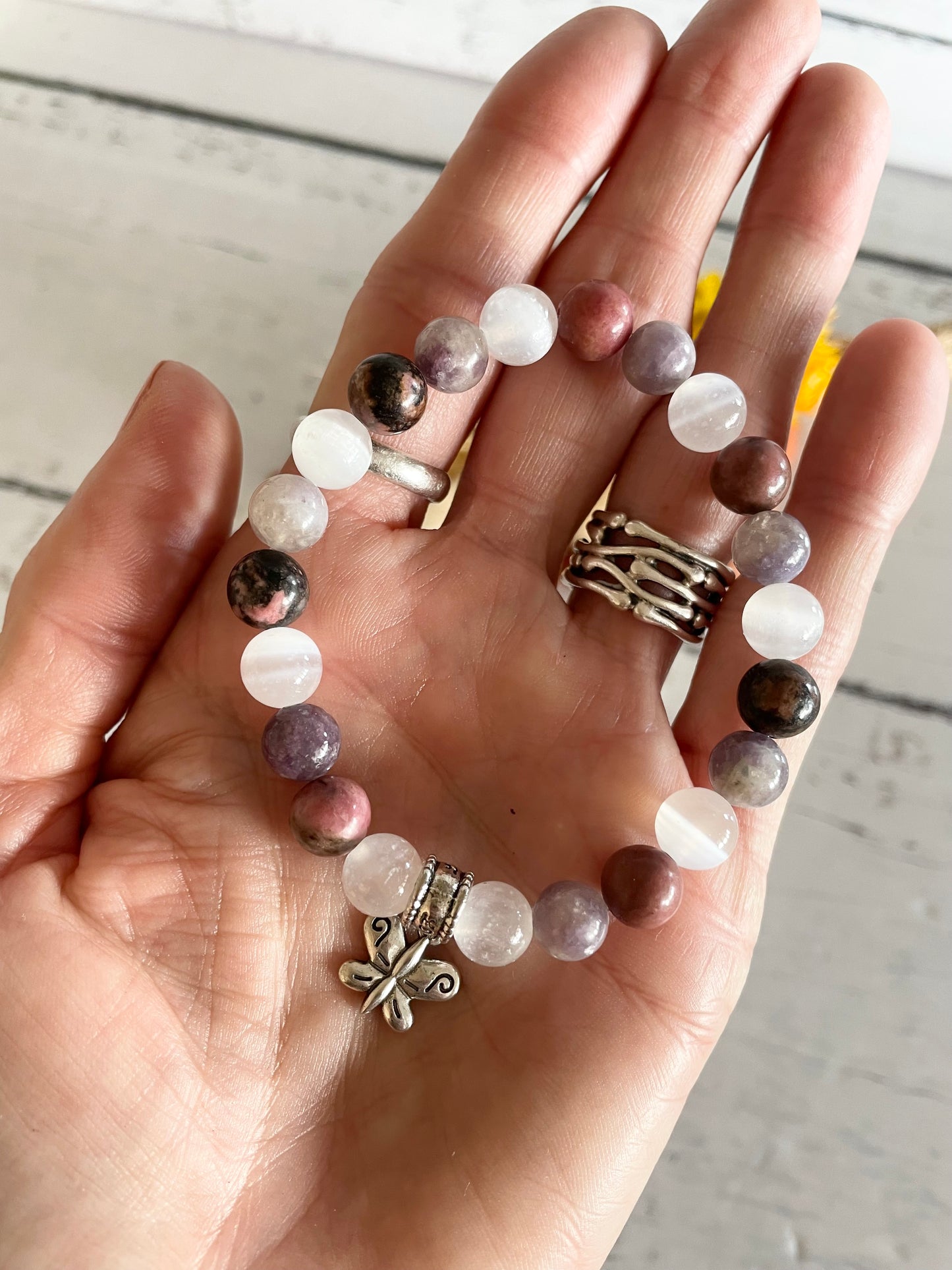 Rhodonite, Selenite & Lepidolite Healing Bracelet ~ Divinity