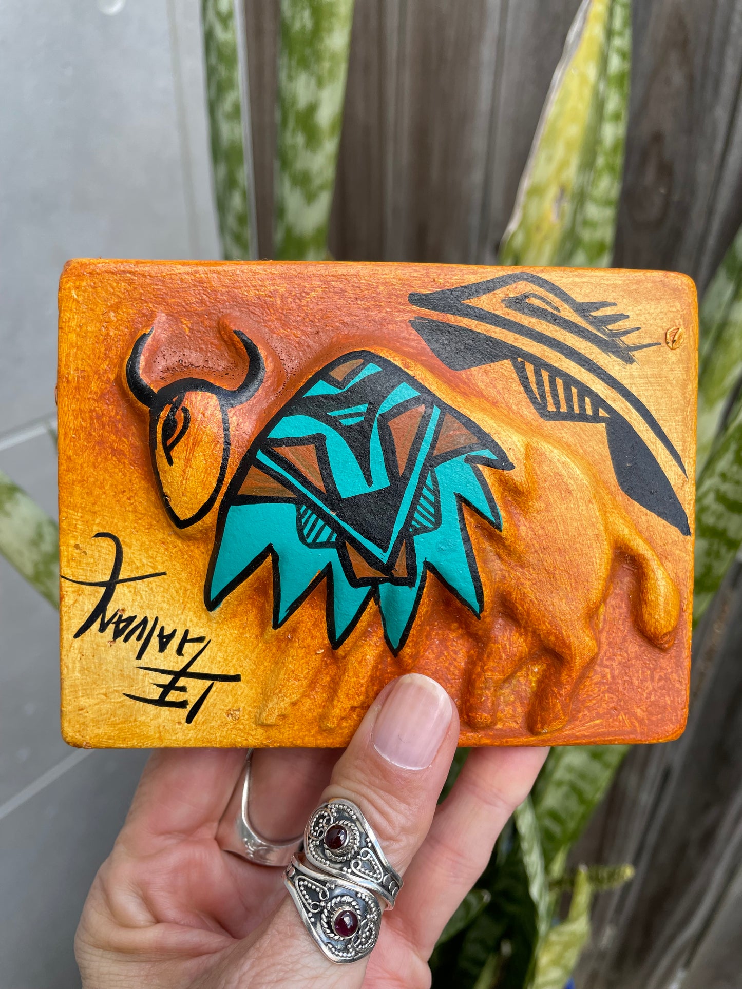 Navajo Pottery Plaque & Stand ~ Sacred Buffalo