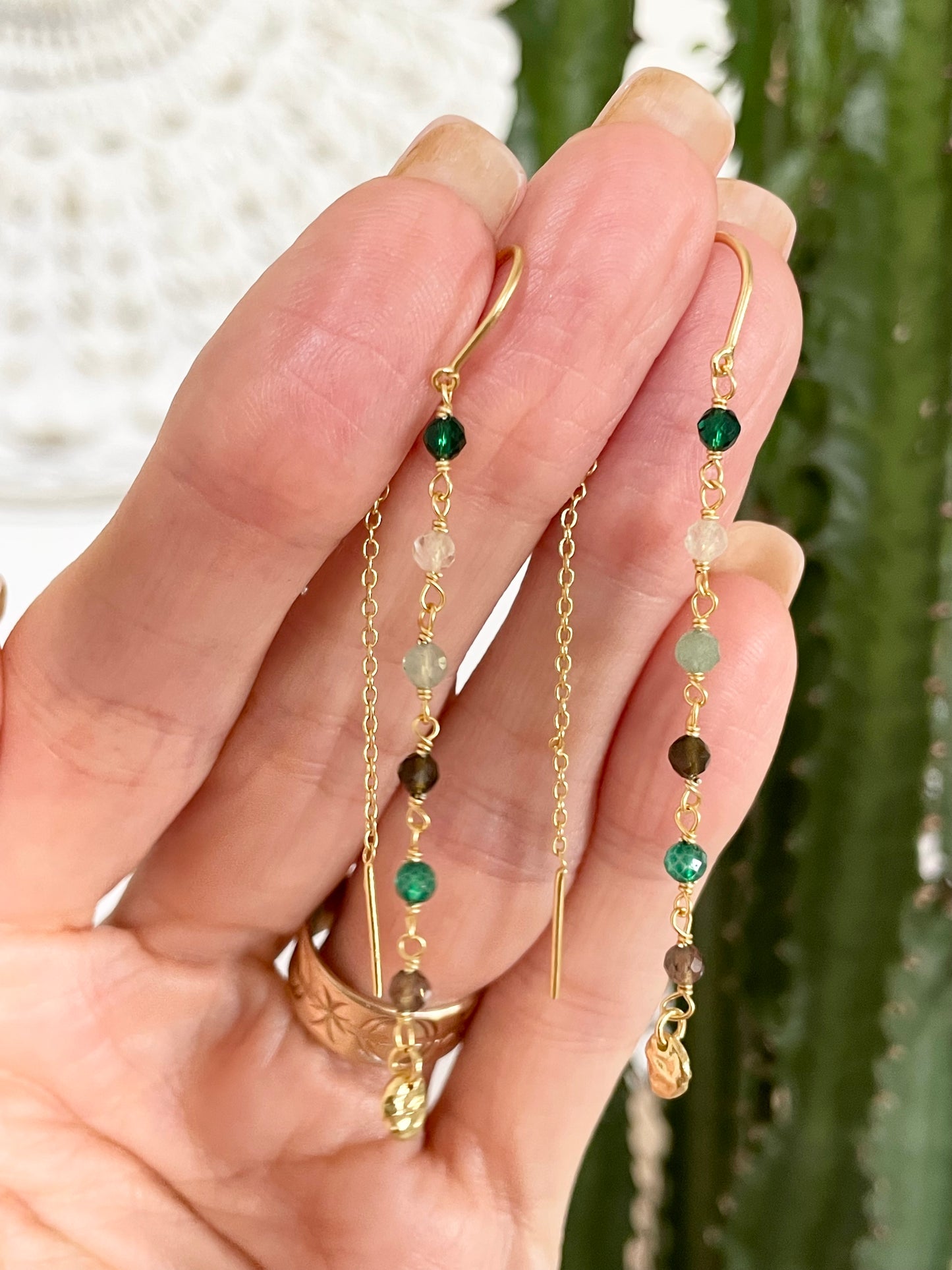 18K Gold Electroplated Dangles - Emerald/Smoky Quartz/Chalcedony