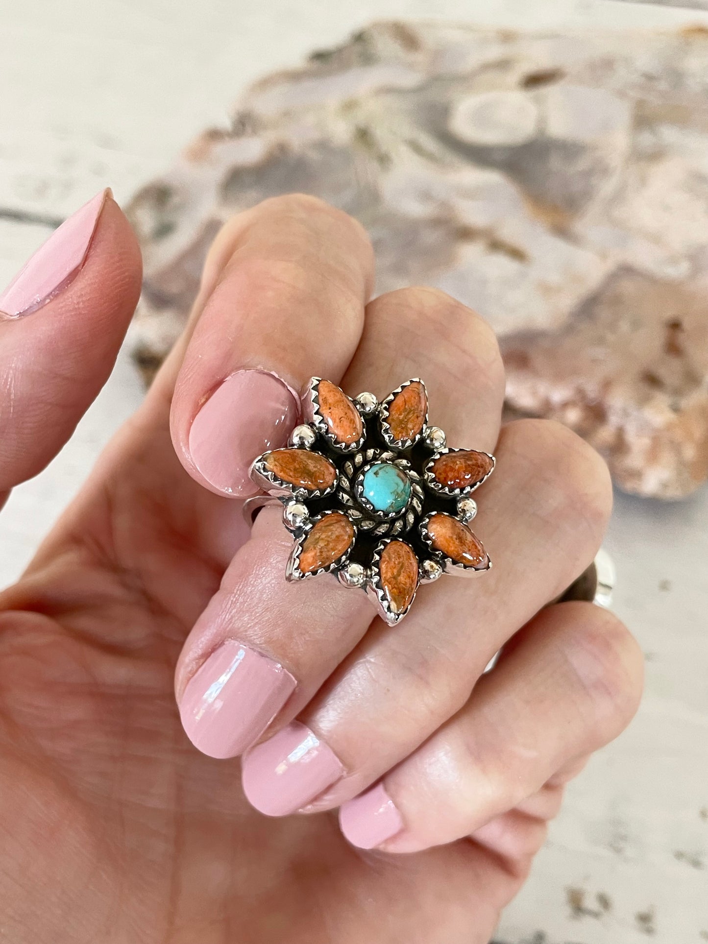 Navajo Style Mojave Turquoise Ring ~ adjustable size 6-10