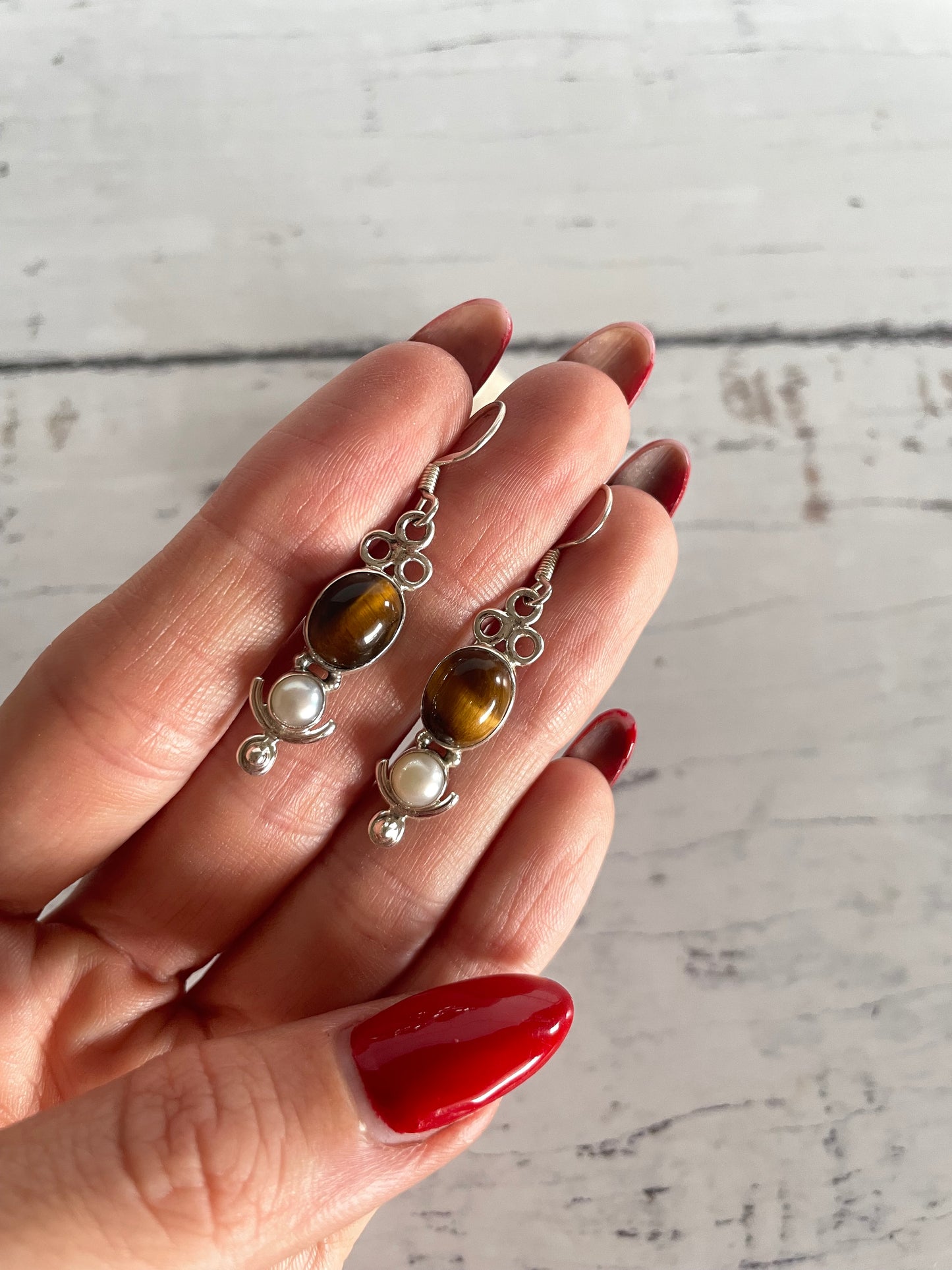 Tigers Eye & Pearl Dangles