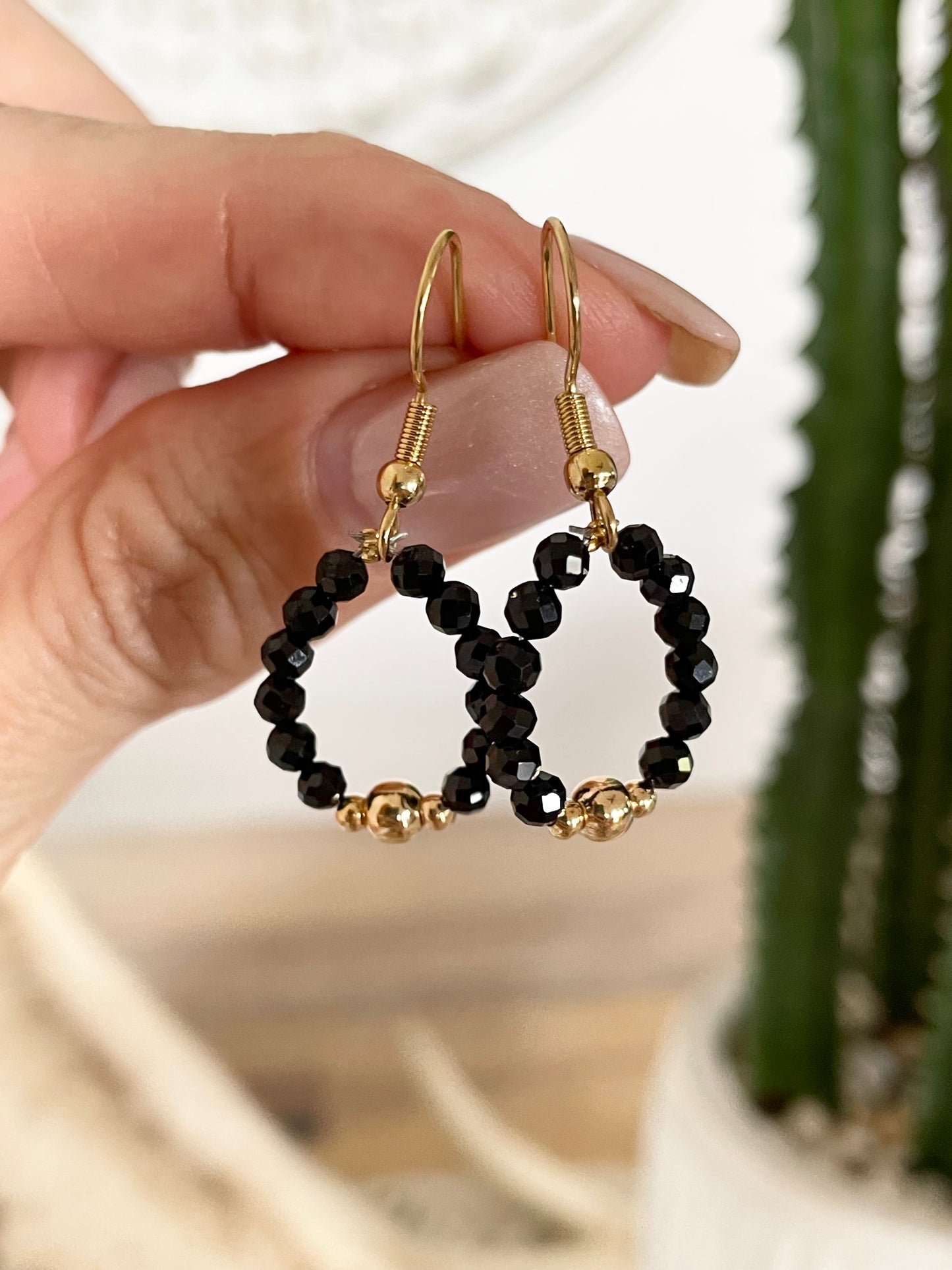 18K Gold Electroplated Hoops - Black Tourmaline - Made by Wayne