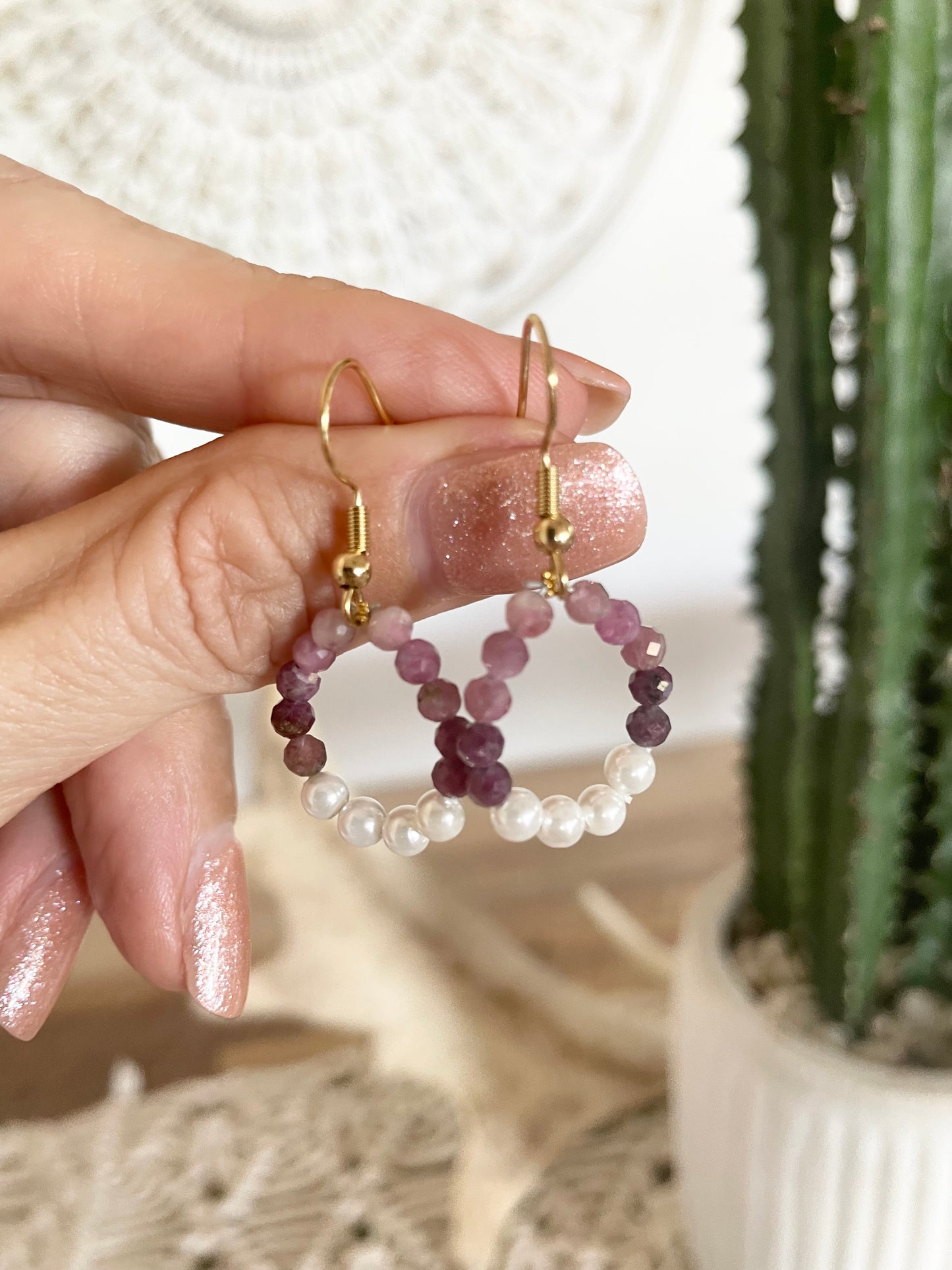 Pink Tourmaline & Pearl Faceted Earrings - Made by Wayne