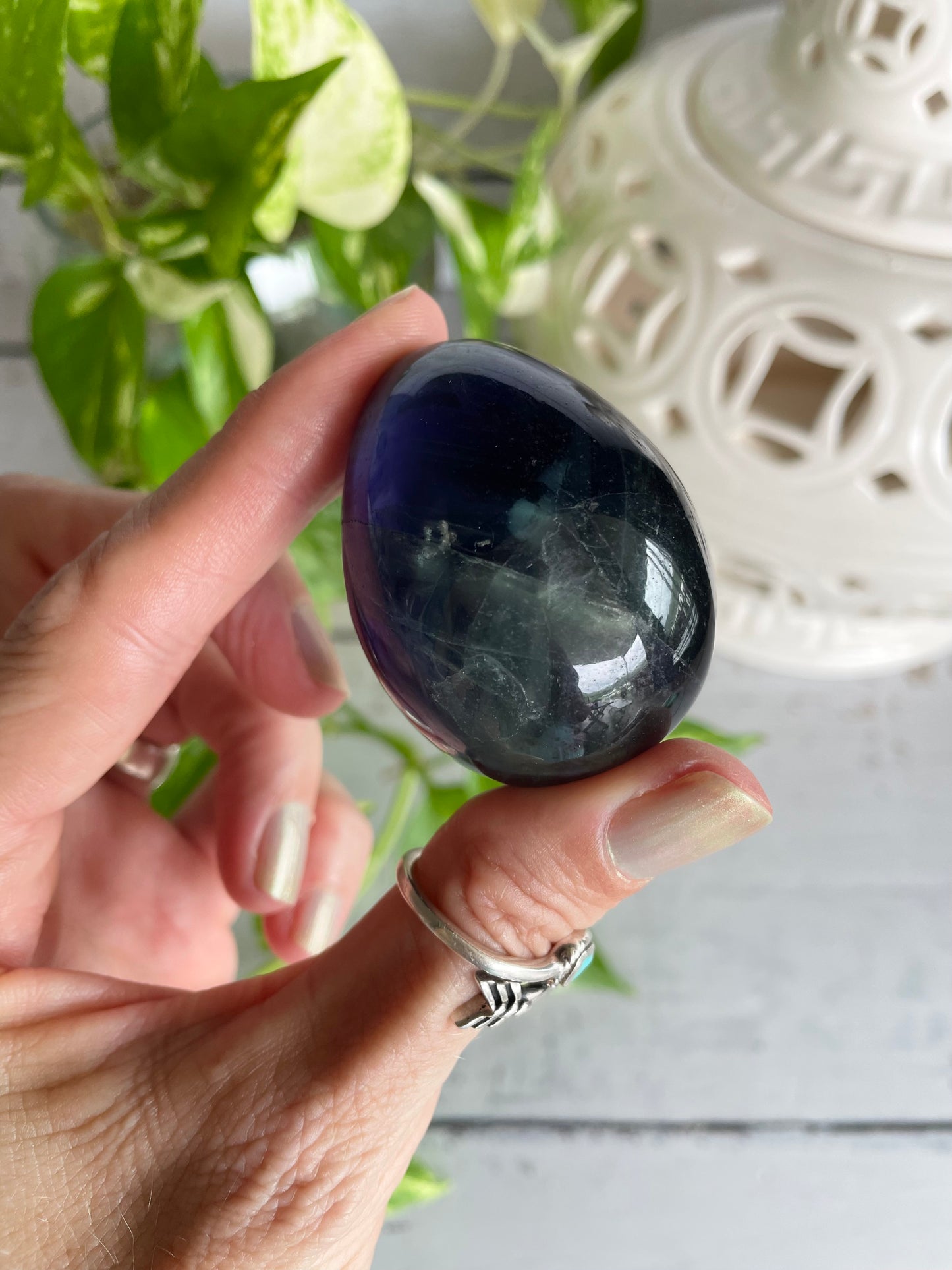 Rainbow Fluorite Egg with holder