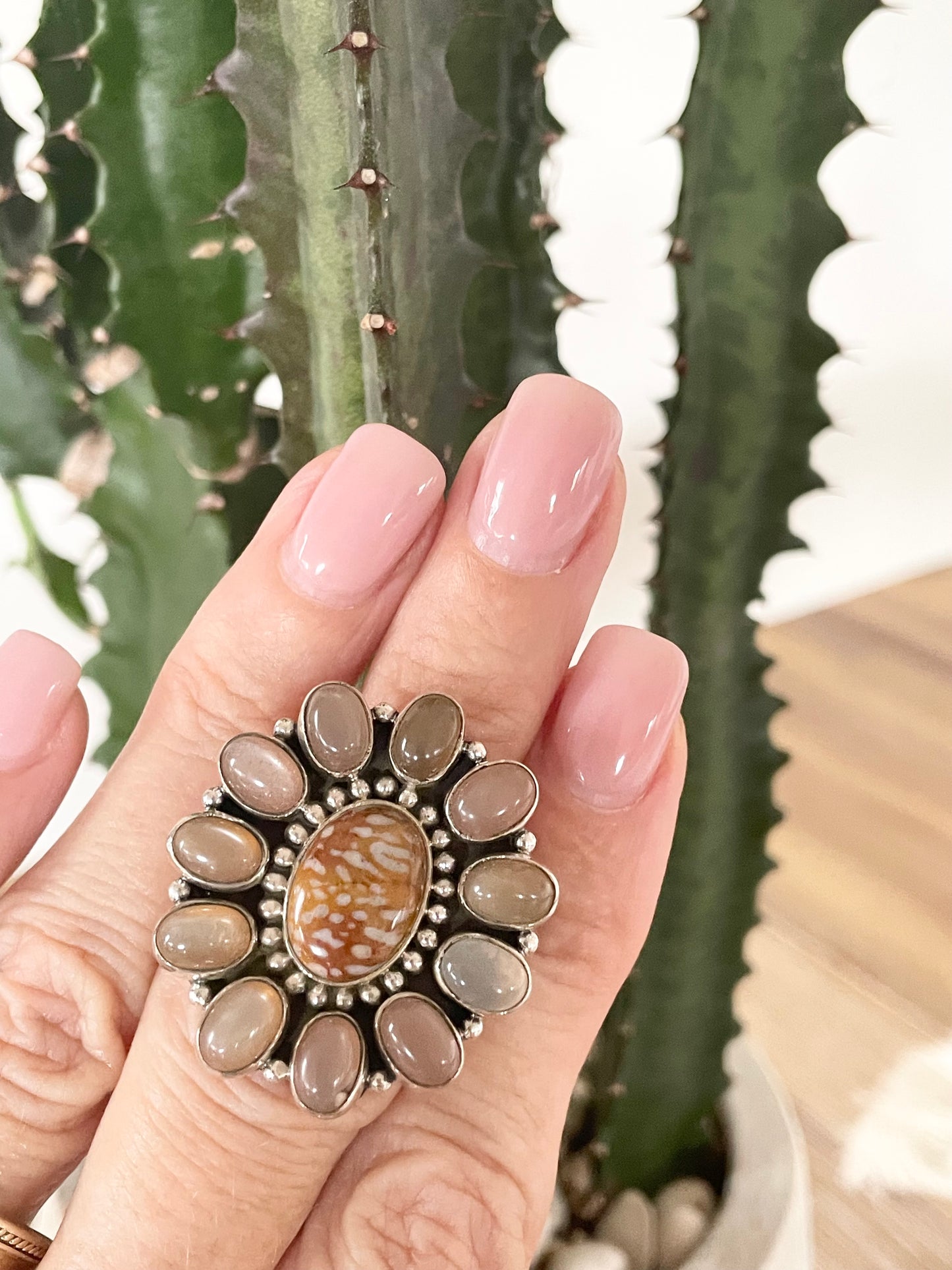 Fawn Jasper/Peach Moonstone Ring - 7.5-10 adjustable