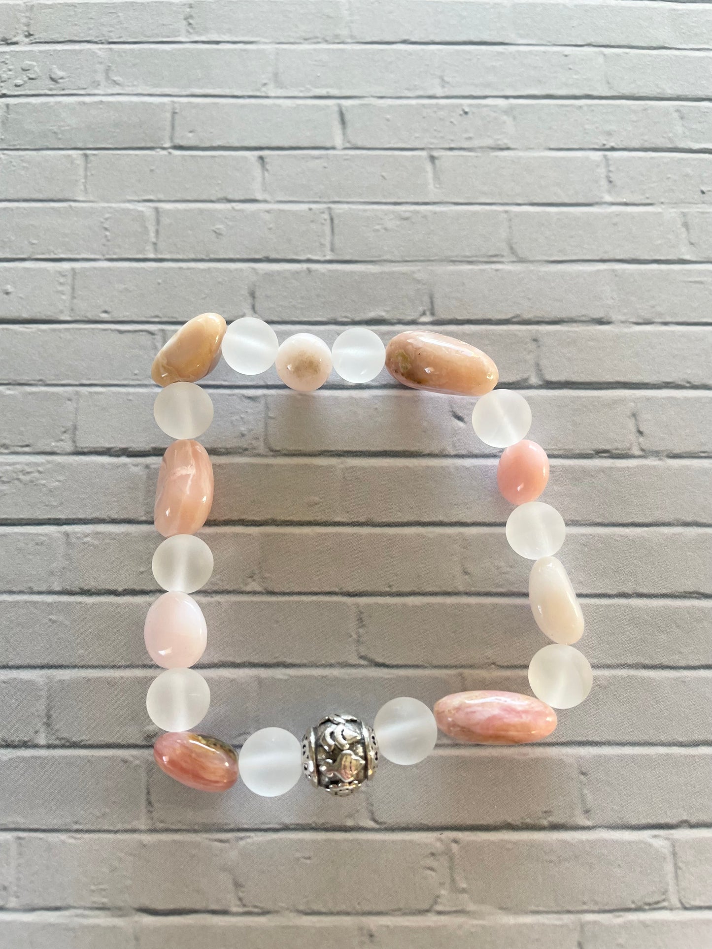 Pink Opal & Frosted Clear Quartz gemstone Bracelet