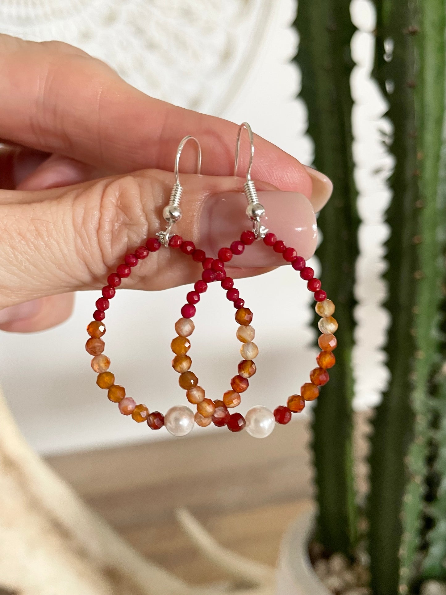 Faceted Red Coral, Carnelian & Pearl Earrings - handmade by Wayne
