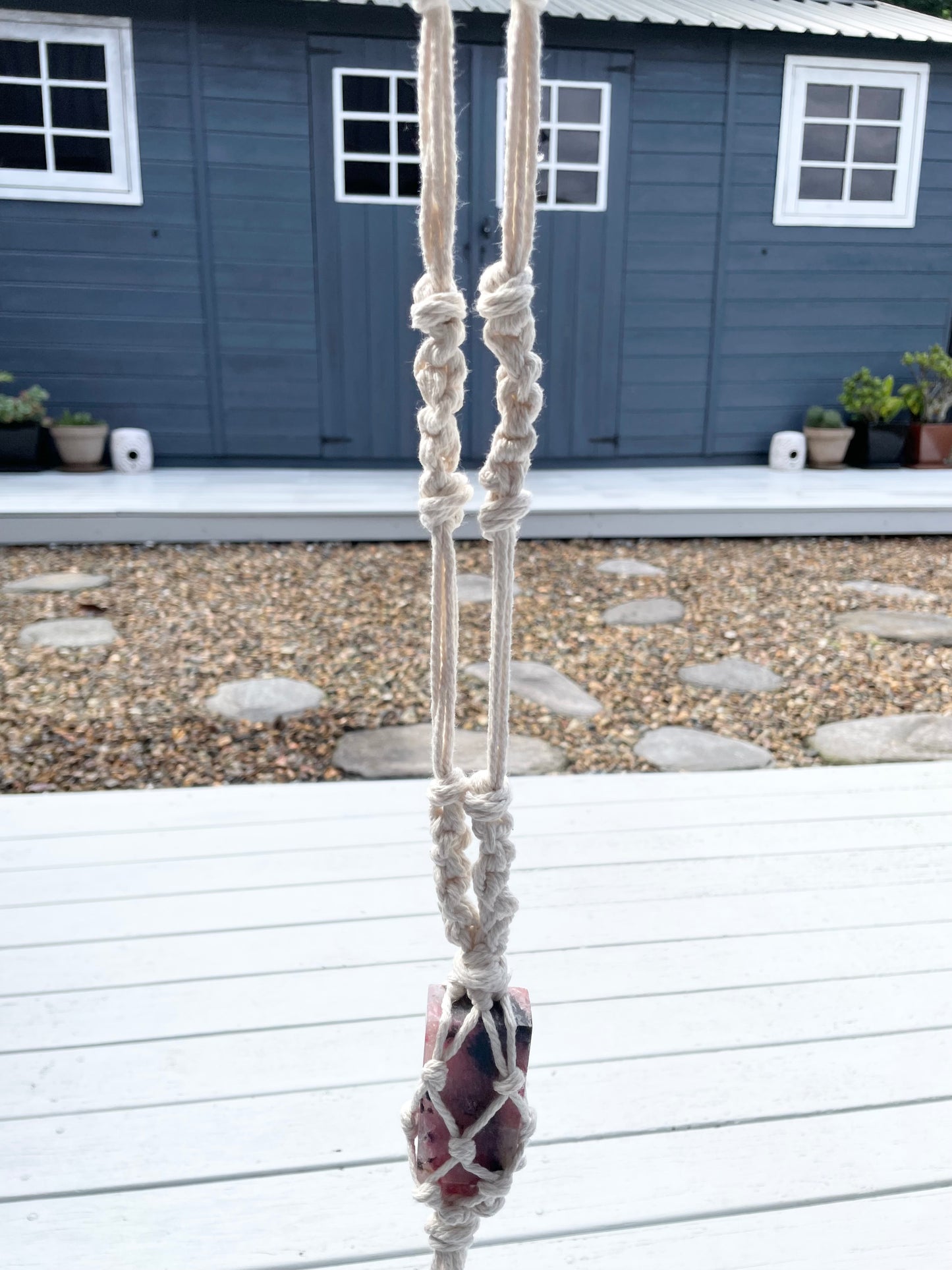 Made by Wayne Macrame Hanging ~ Rhodonite Obelisk