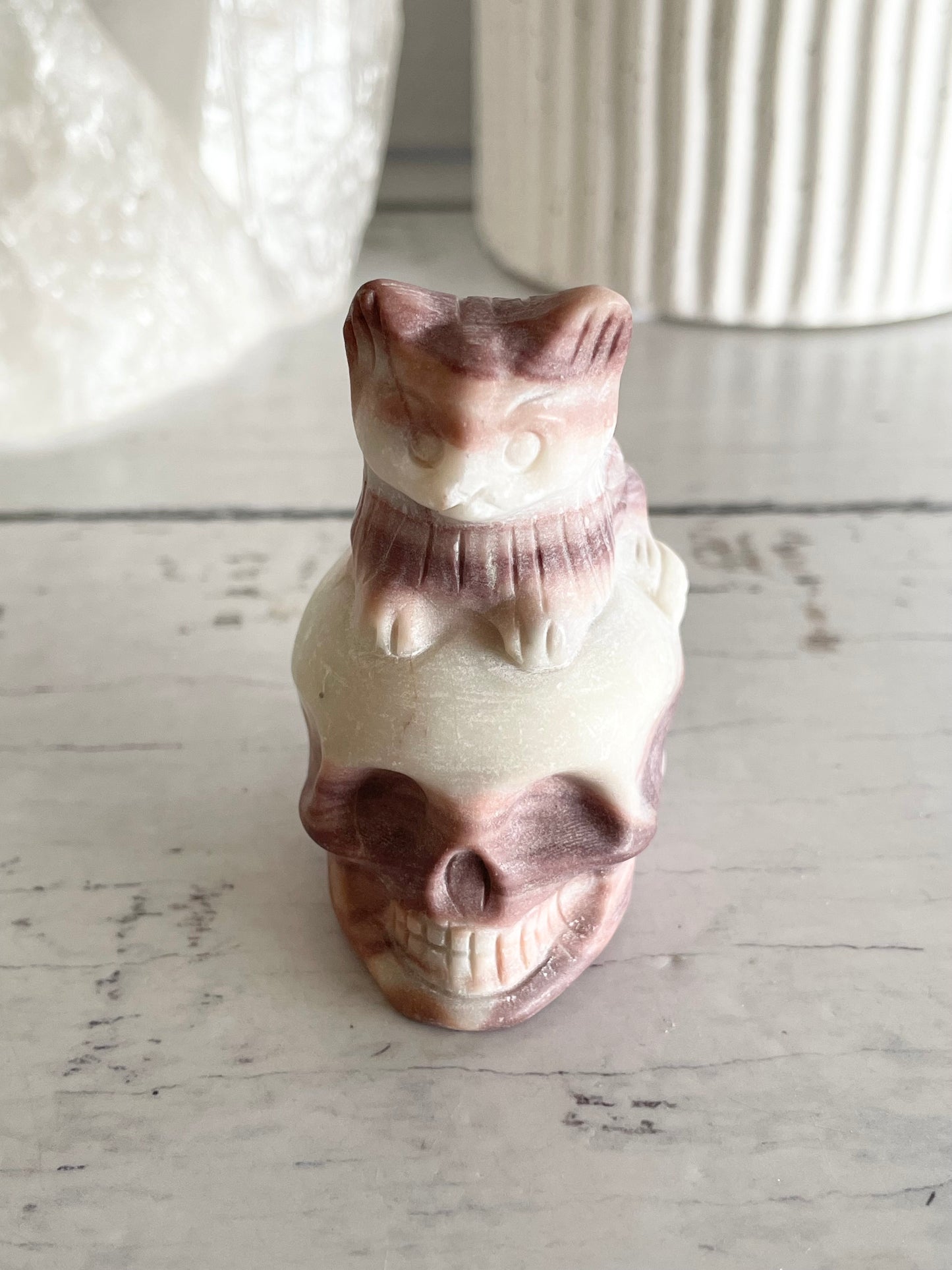 Tri Calcite Cat on Skull