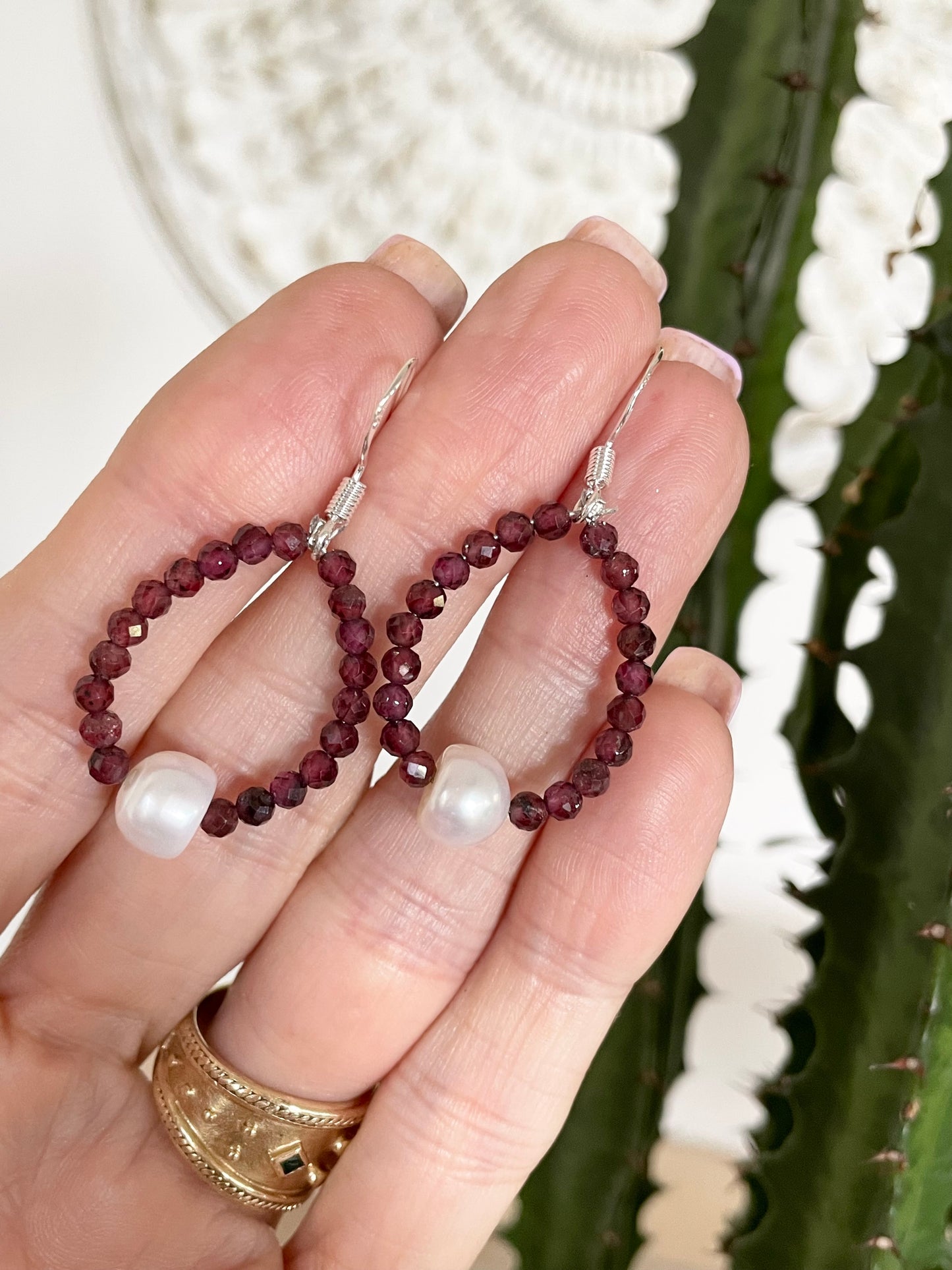 Faceted Garnet/Pearl Dangles