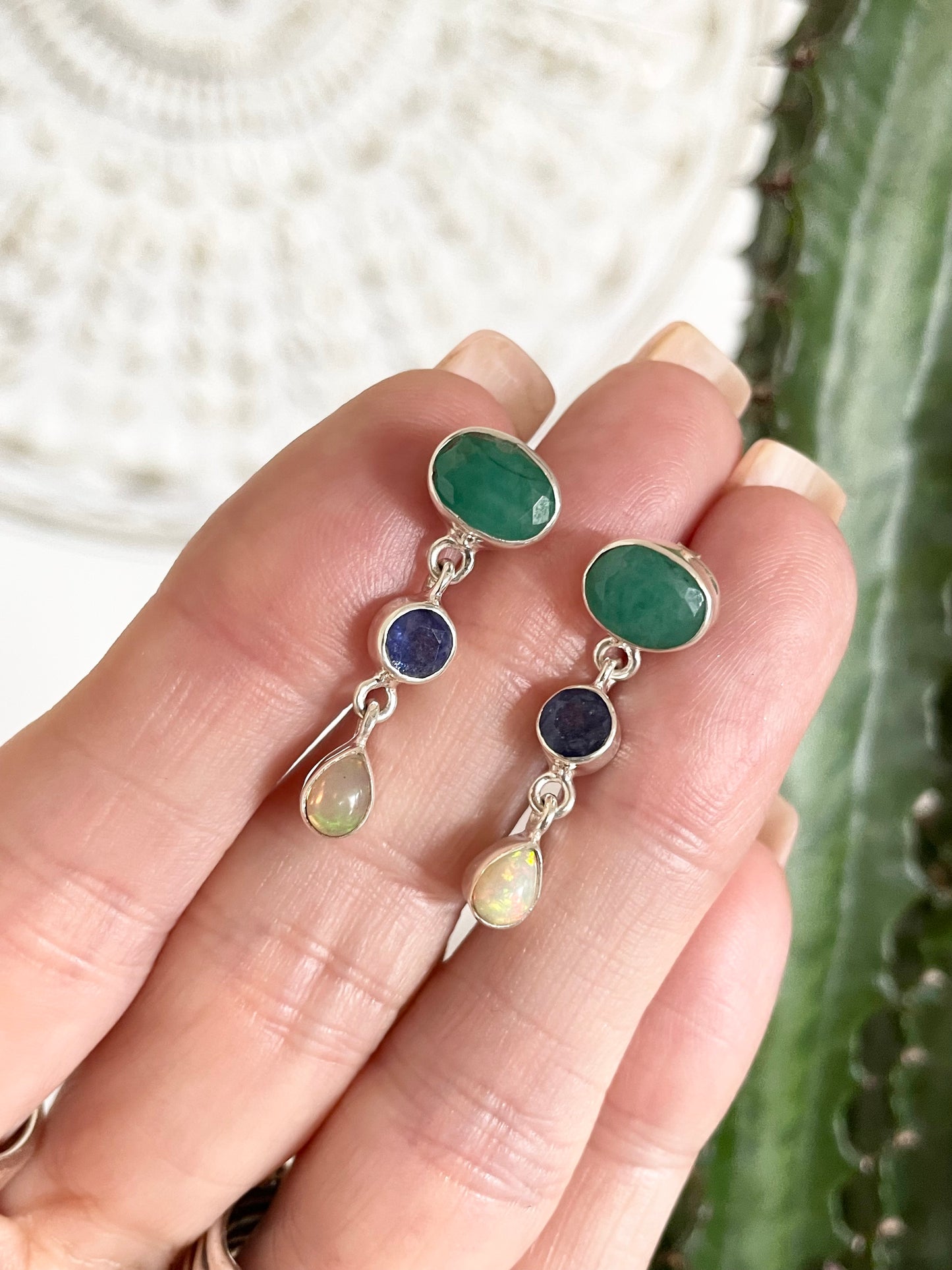 Emerald, Sapphire & Ethiopian Opal Stud dangles