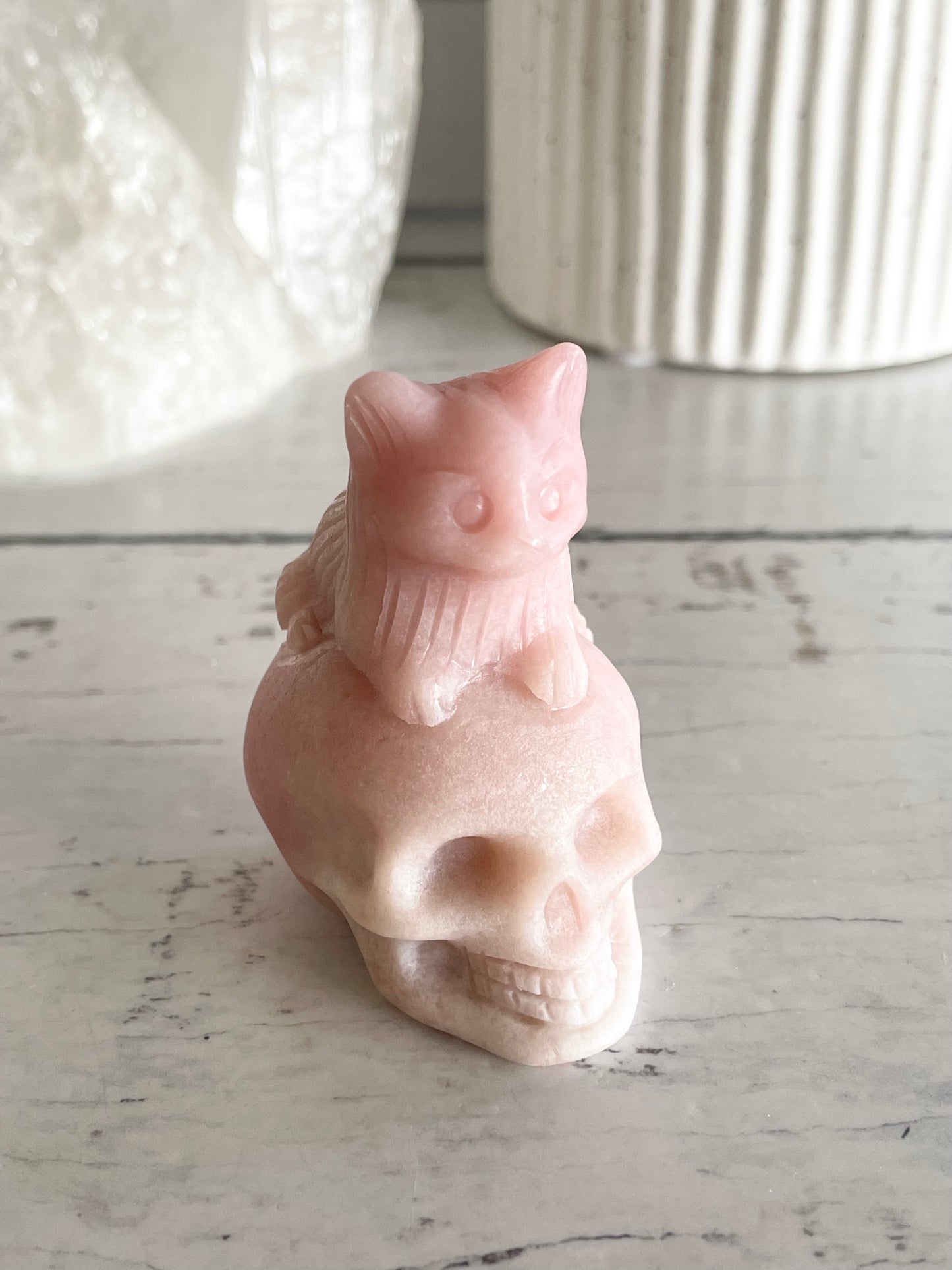 Pink Opal Cat on Skull