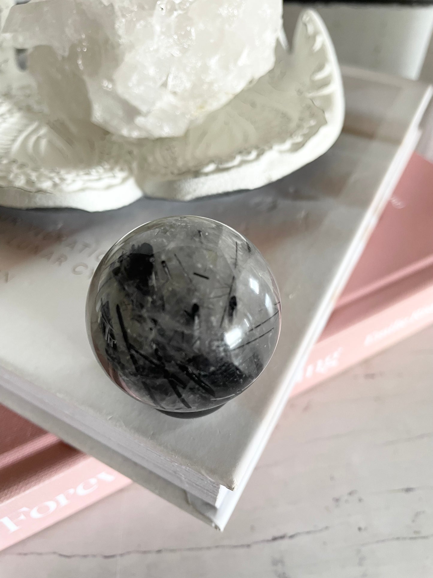 Tourmaline In Quartz Sphere Includes Holder