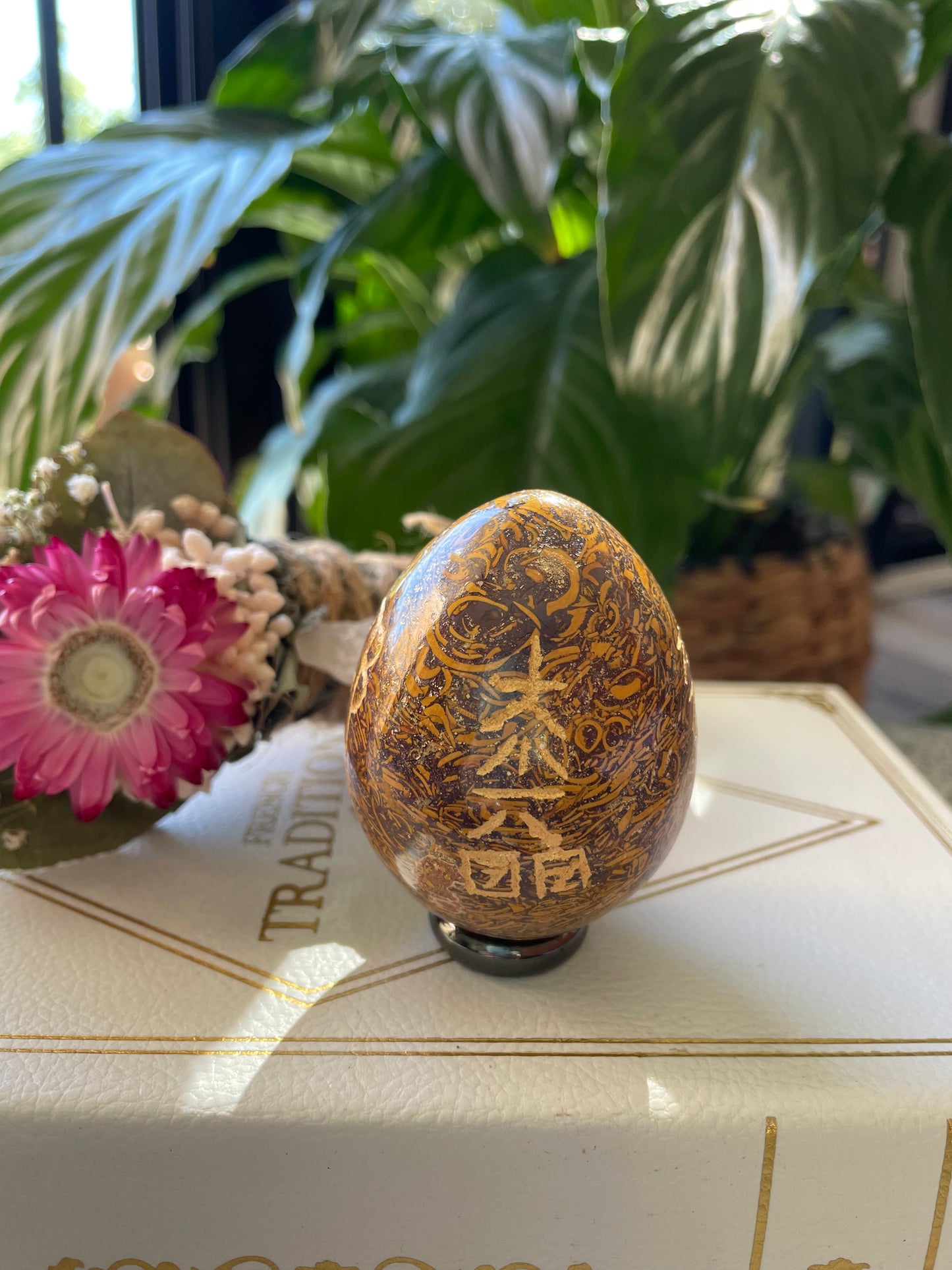 Calligraphy Jasper Reiki Egg with holder